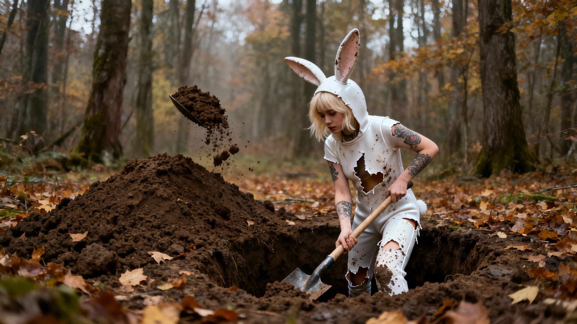 La jeune femme creuse le trou, rejette la terre sur le tas, se tâche d'éclats de boue.