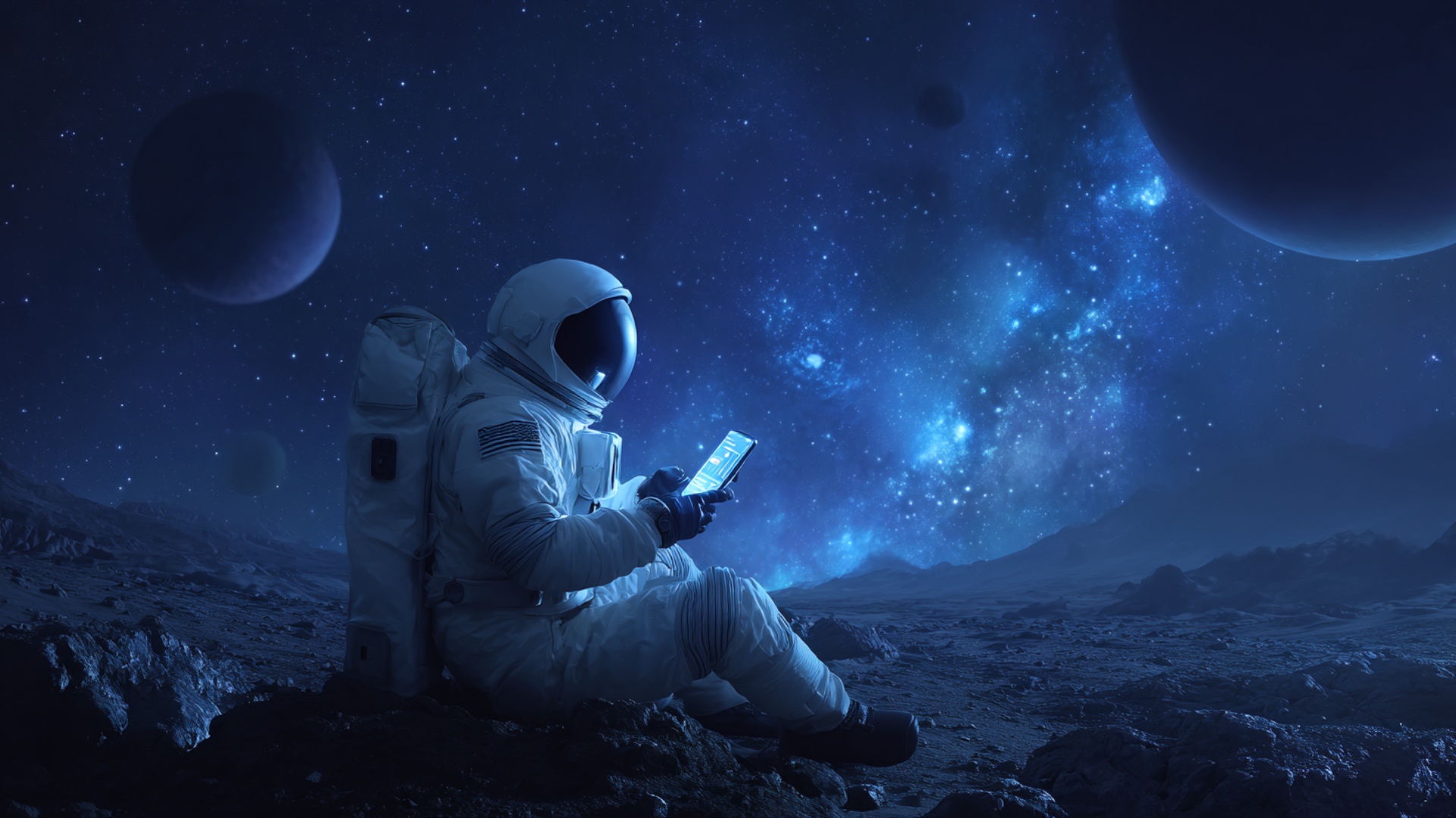 in the silence of deep space, an astronaut sits on a rocky surface, gently hovering weightless be...