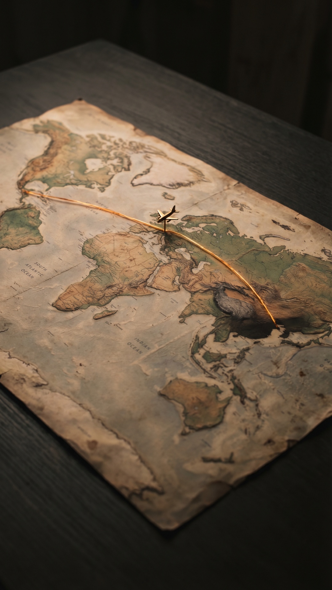 Ultra photorealistic world map placed on a physical surface (not digital screen), detailed geogra...