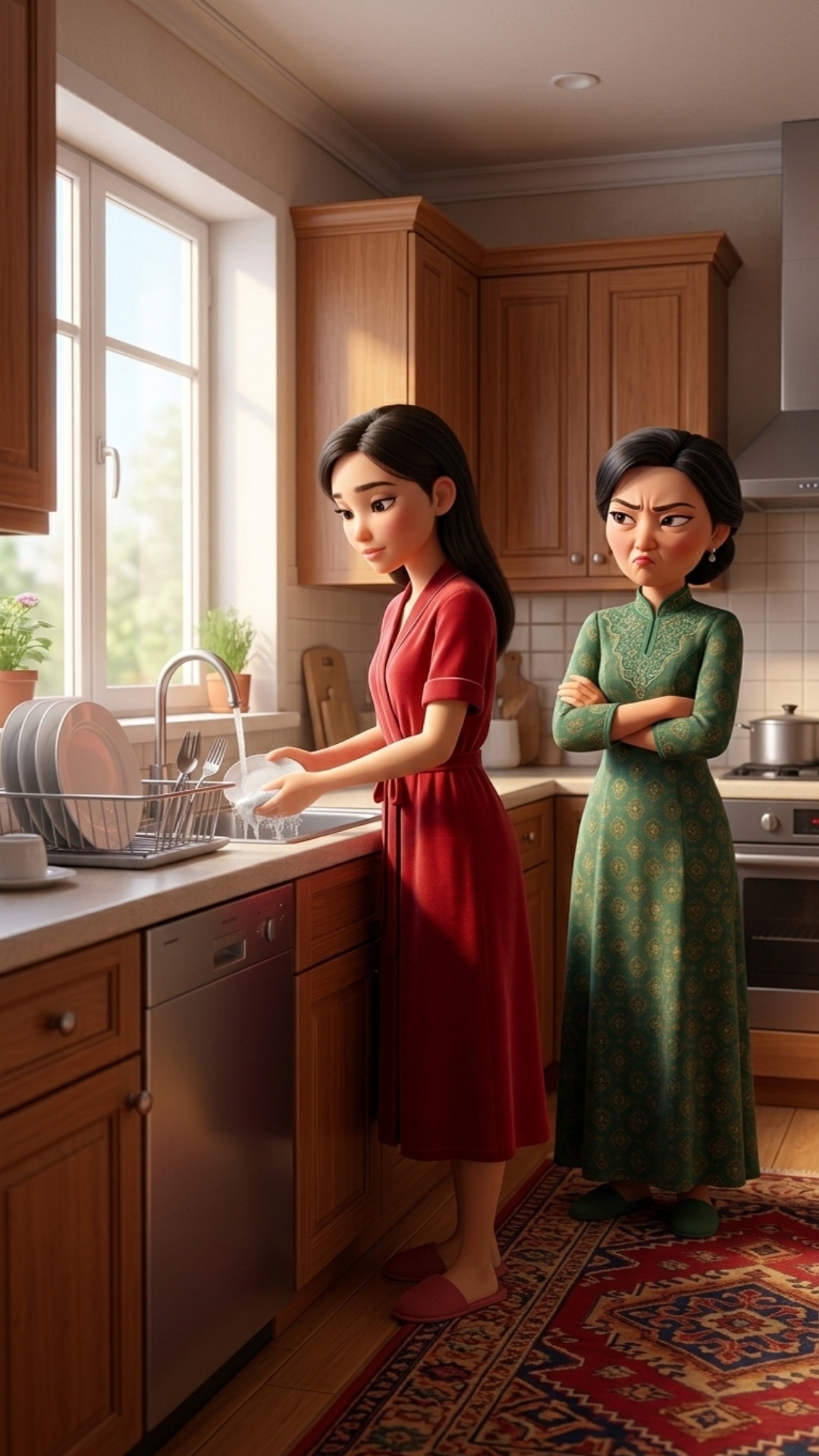 Medium shot in a cozy modern kitchen. A young woman in a red dress is standing calmly, looking re...