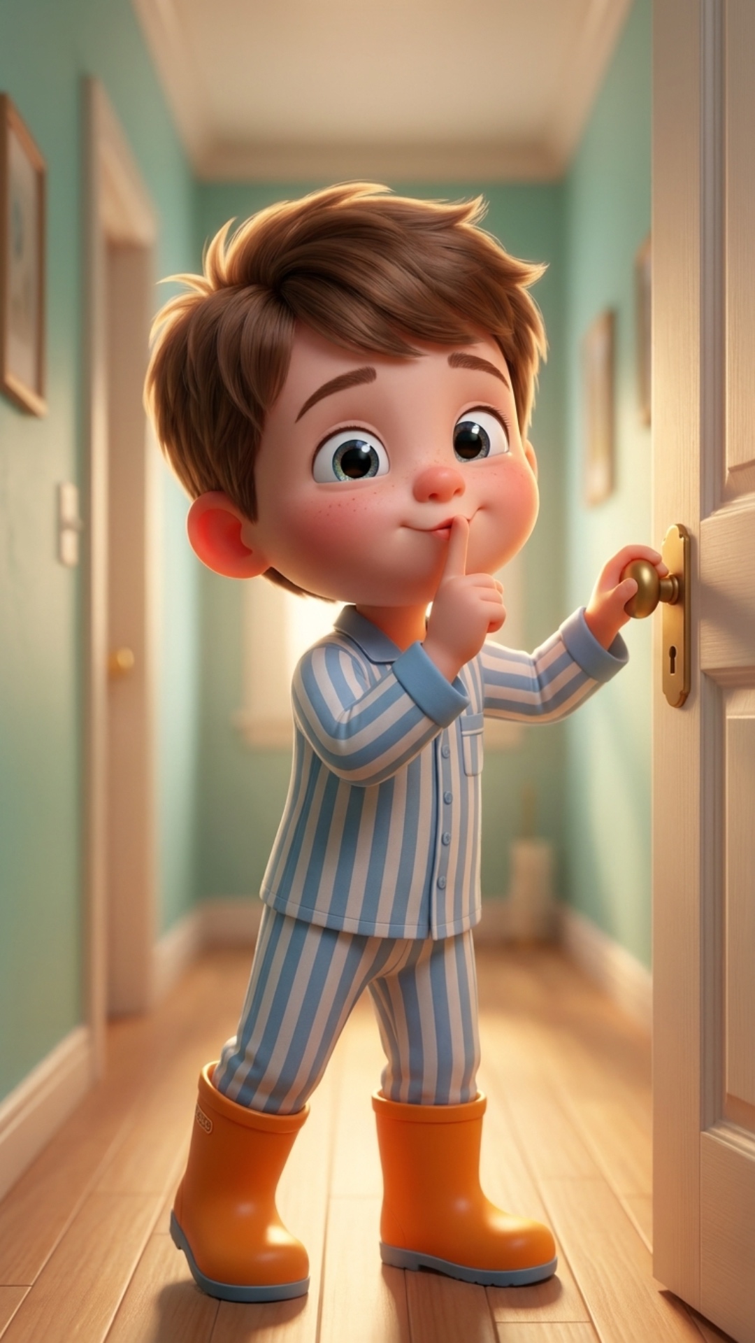 Мультяшная 3D сцена в стиле Pixar. Мальчик 5 лет в полосатой синей пижаме и ярких оранжевых резин...
