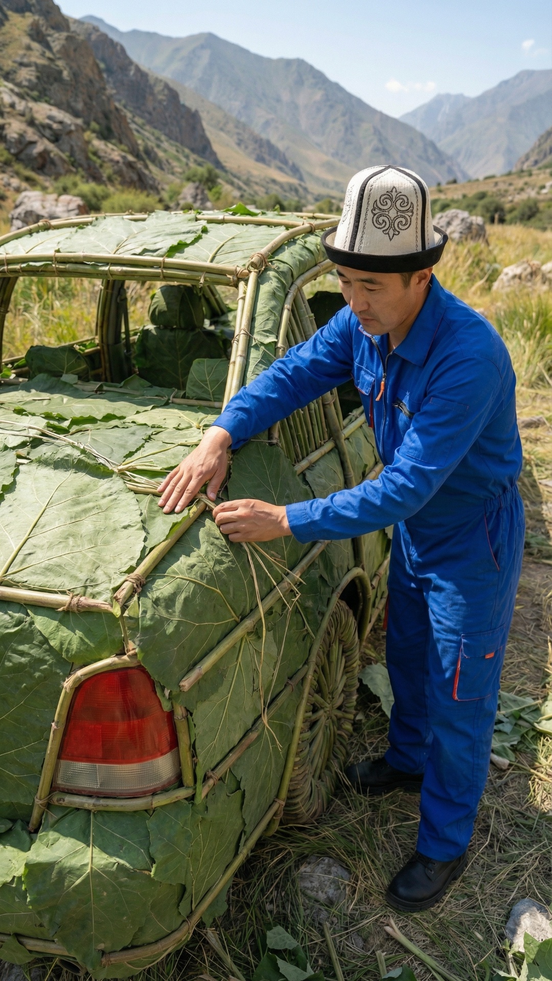 Cinematic documentary video in a Central Asian mountain valley: man in blue work overalls and tra...