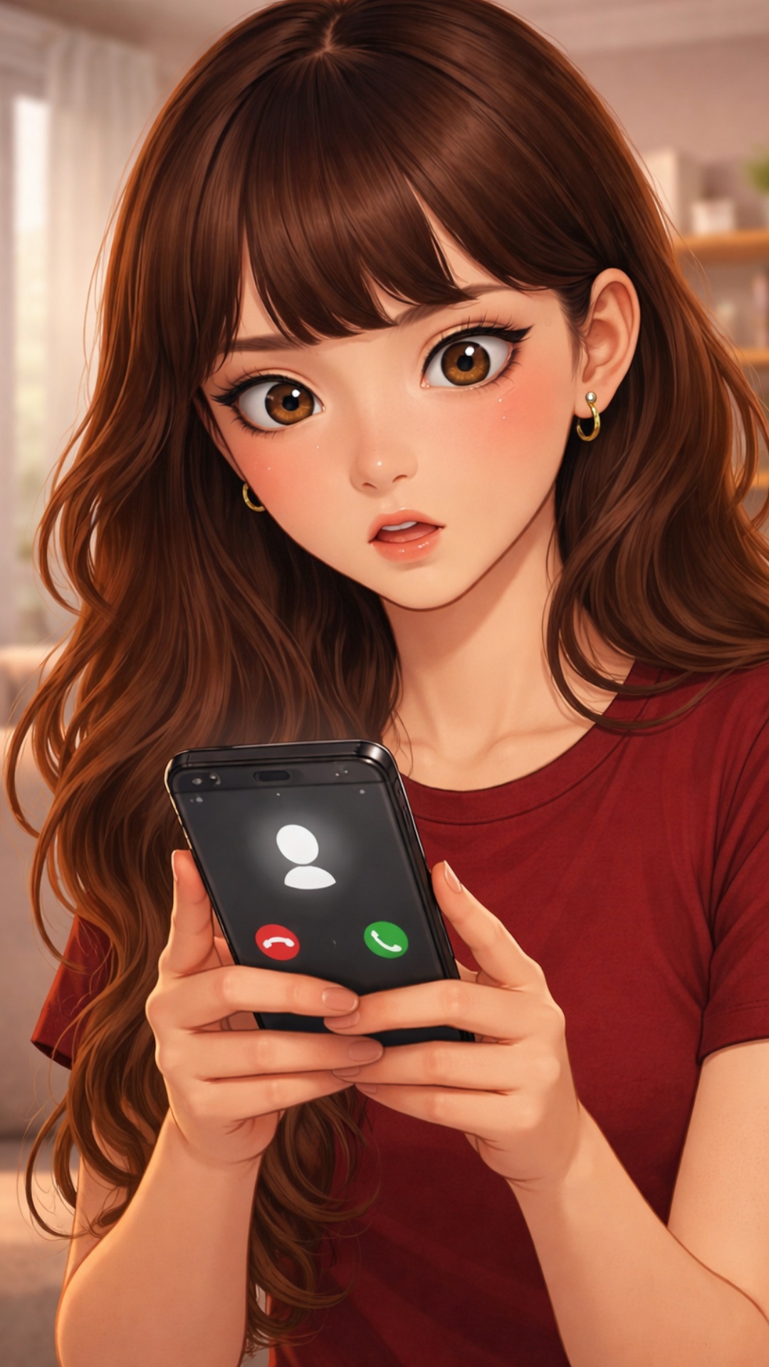 A young woman in a burgundy T-shirt holds a black smartphone in a bright living room. The phone r...