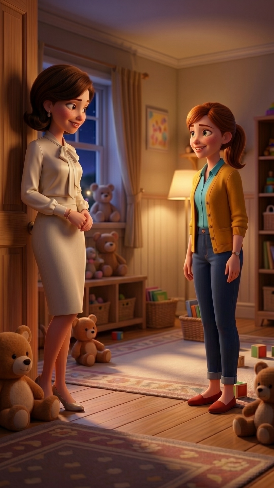 3D animation, Pixar style. A touching final sequence of the first episode. Start state: In the wa...