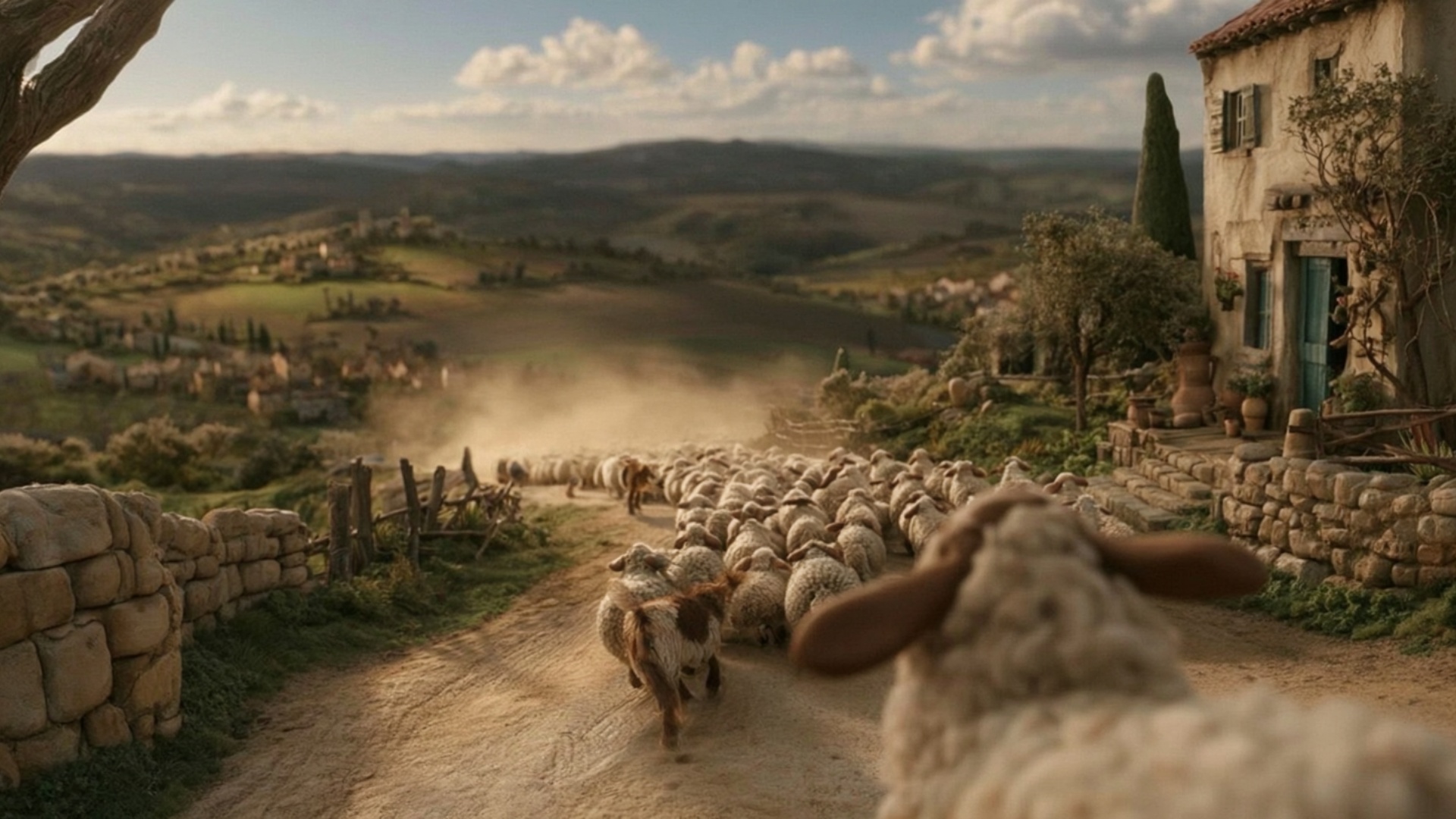 The foreground sheep walks past the camera and exits toward the lower left during the 5-second sh...
