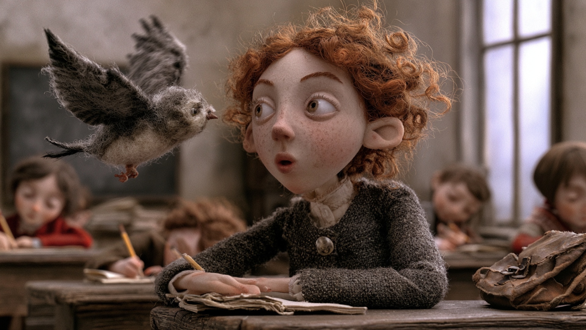 Begin exactly from the provided image. The textile bird hovers beside the girl's face with small ...