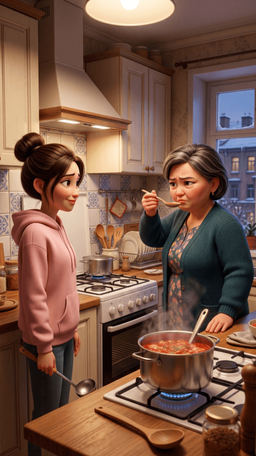 Pixar 3D animation style, cinematic 4K.
Moscow apartment kitchen, evening warm light.
Cream cabin...