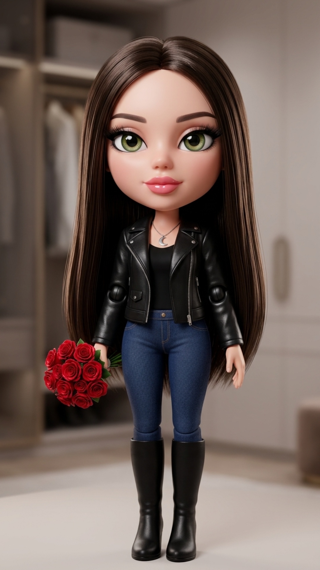 A stylized 3D doll character based on the provided reference image is sitting comfortably and scr...