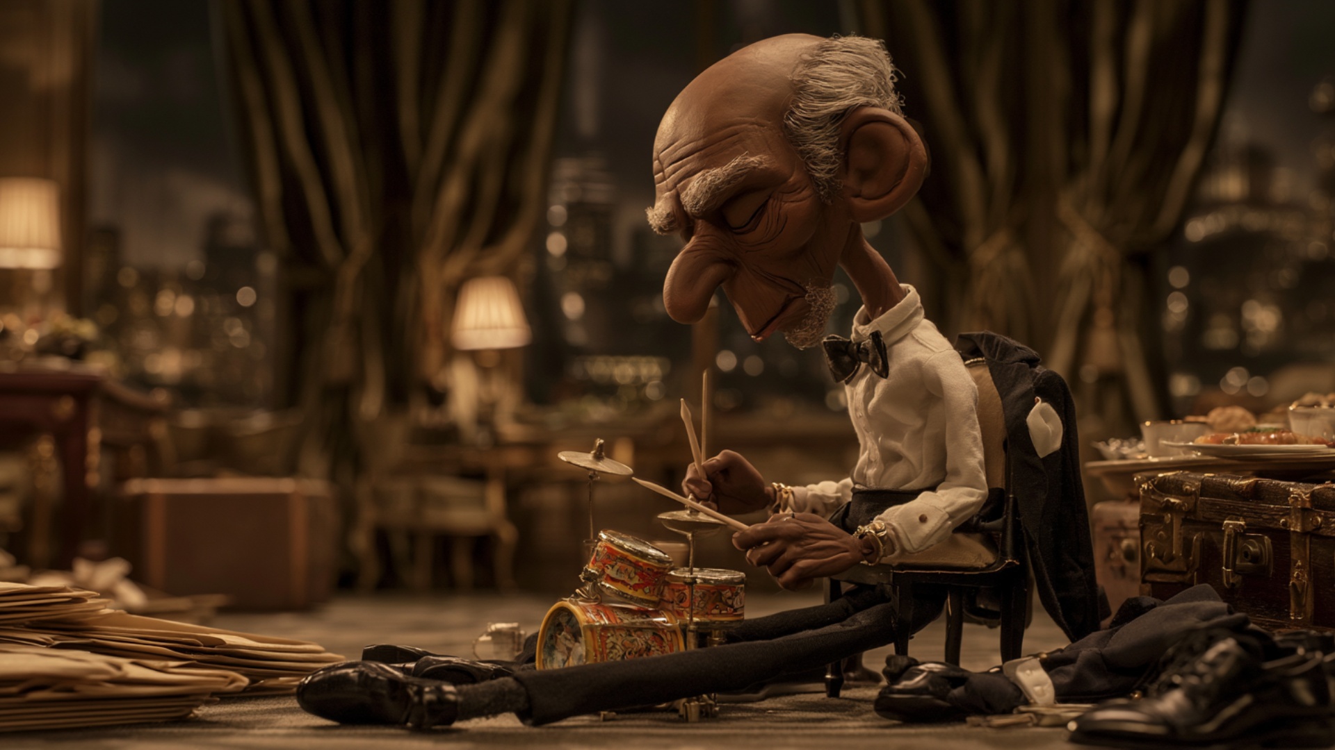 Start from the exact seated pose with both drumsticks already above the tiny drum kit. The diplom...