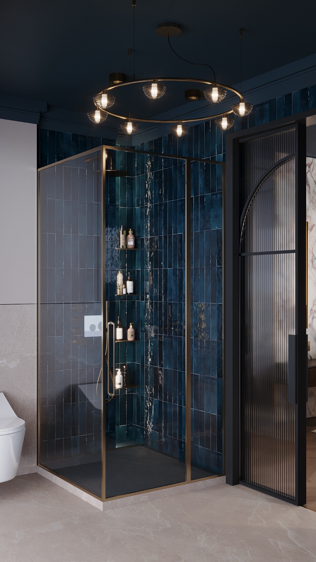 Camera slowly rotates clockwise around the shower area. Soft sunlight enters the room through the...