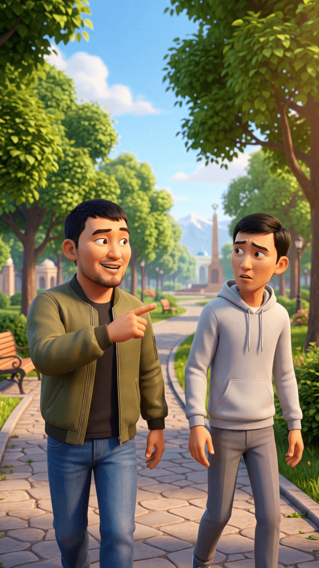 Pixar-style 3D animation, vibrant colors, soft daylight, 9:16 vertical. Quiet sunny park in Bishk...