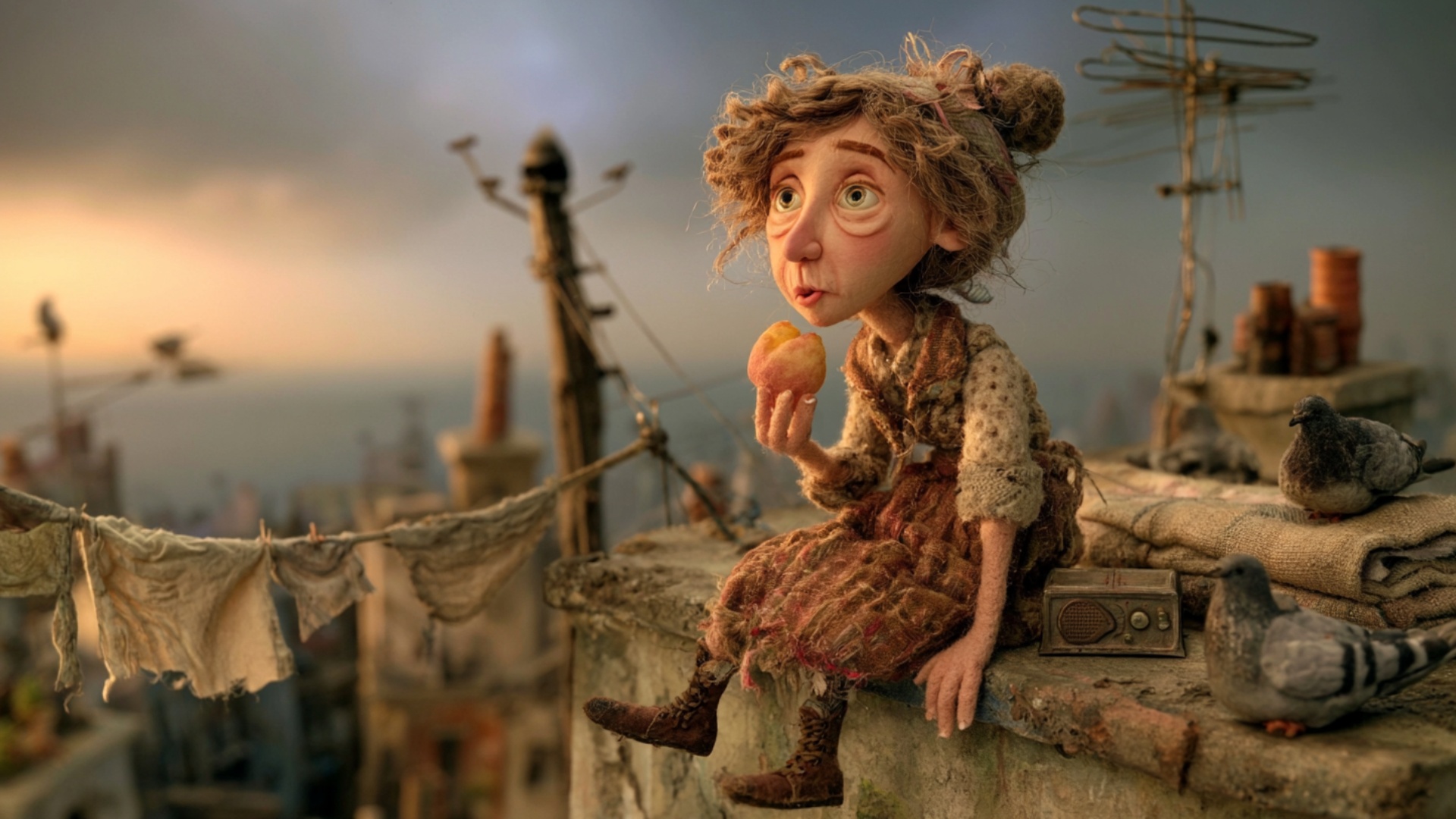 The woman remains seated on the rooftop ledge and slowly brings the peach already in her hand clo...