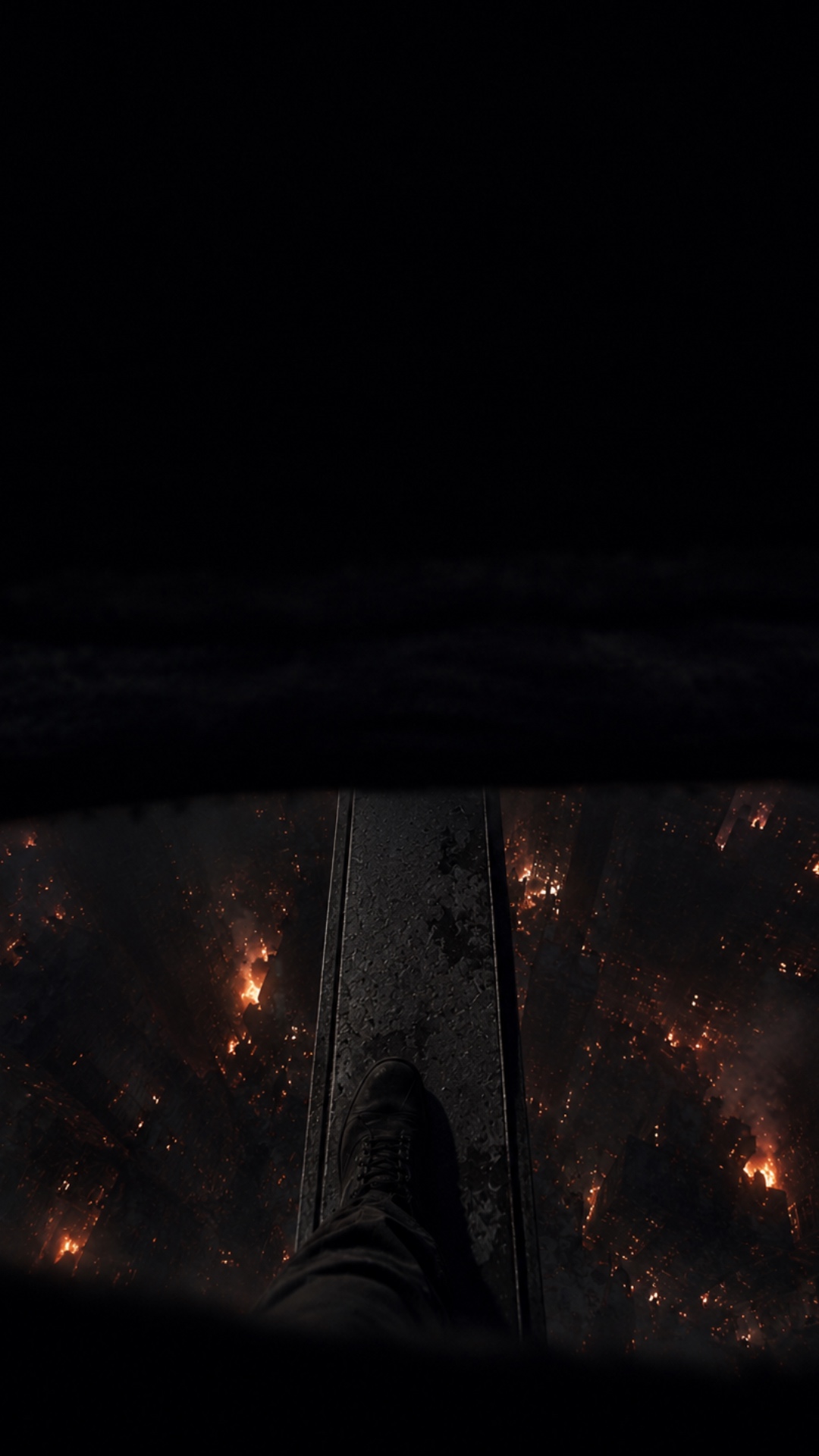 slow careful walking on a narrow beam above a massive burning city, realistic first person POV, s...