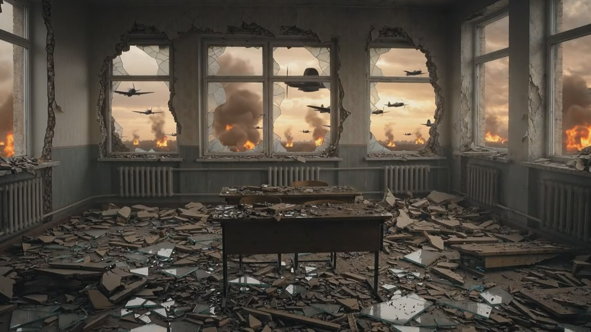 Cinematic realistic video, direct continuation of previous shot. The video starts inside the dest...