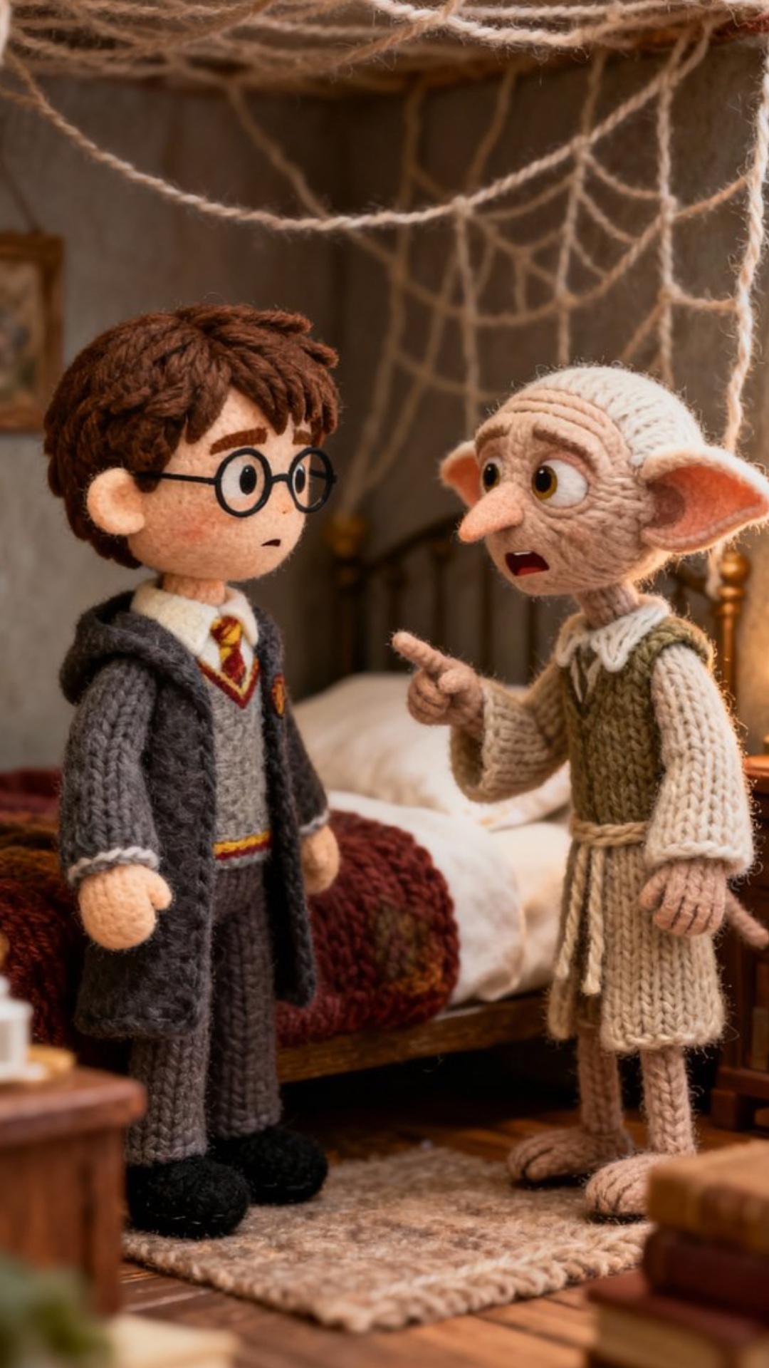 Animate the knitted figures of Harry Potter and the elf Dobby with soft body movements and blinki...