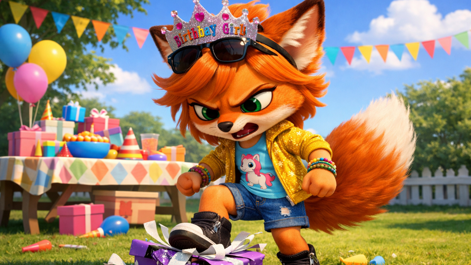 3d fluid expressive animation of anthro female fox kid stomping and destroying the gift