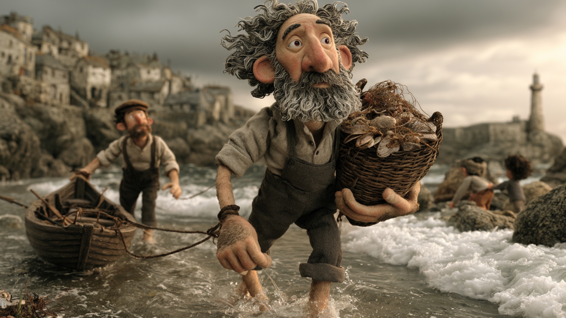 A stronger wave rolls toward the fisherman and splashes around his knees. He pauses for a moment,...
