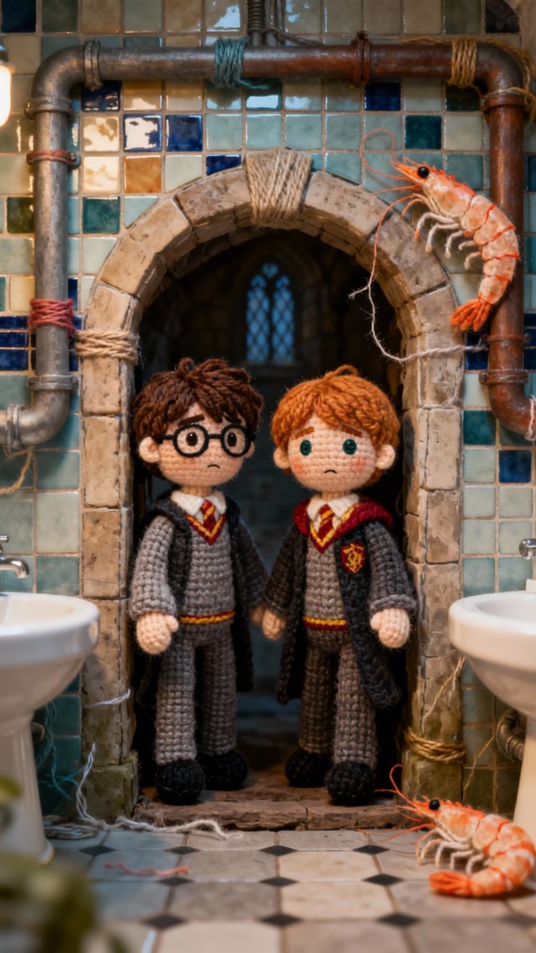 the picture comes to life, the characters look around in surprise