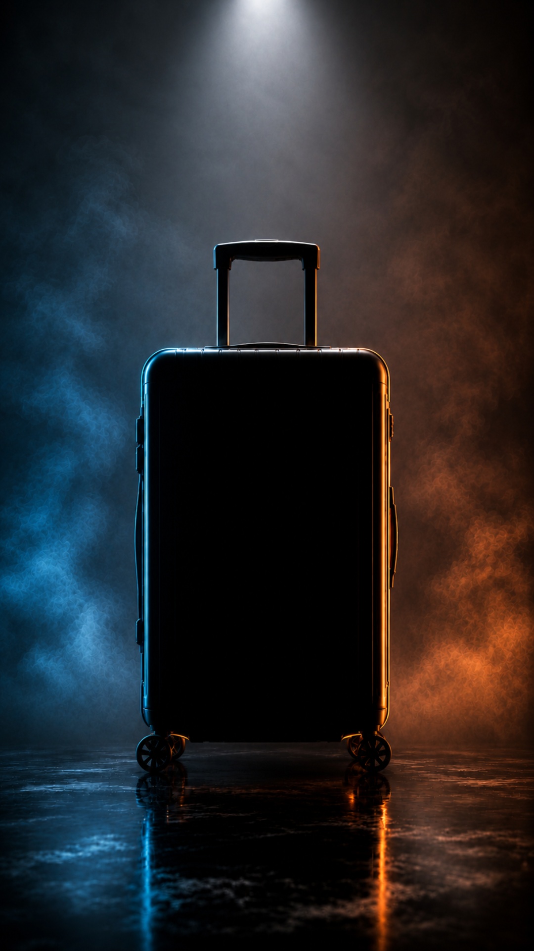 A dark mysterious suitcase slowly rotates around its own axis in a black cinematic studio. Thin n...