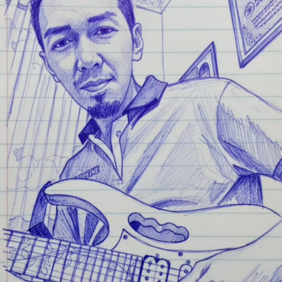 a man plays electric guitar with confident rock rhythm, controlled energy, clean finger motion, l...