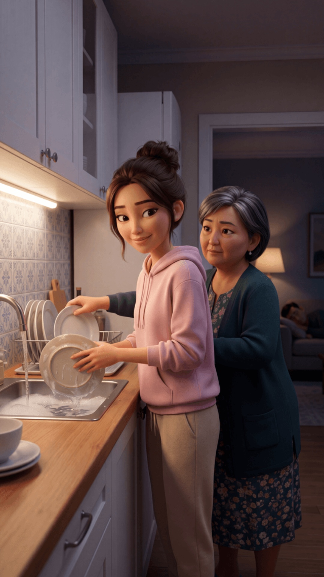 Pixar 3D animation style, cinematic 4K. 
Moscow apartment kitchen, evening, warm under-cabinet l...