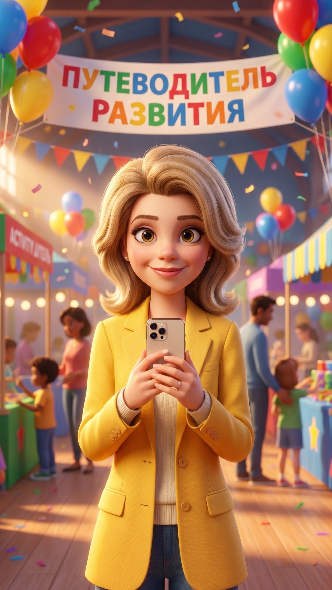 Animate this Pixar 3D character. She looks directly into the camera and speaks energetically in R...