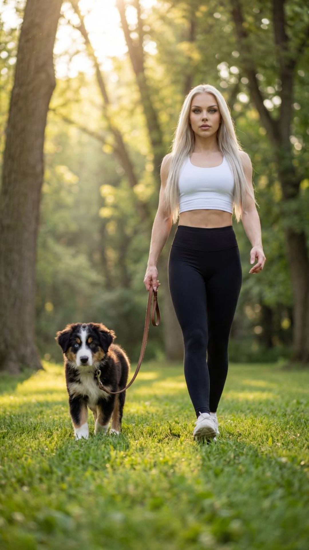 Cinematic ultra-realistic video of a fit blonde woman calmly walking forward through a green park...