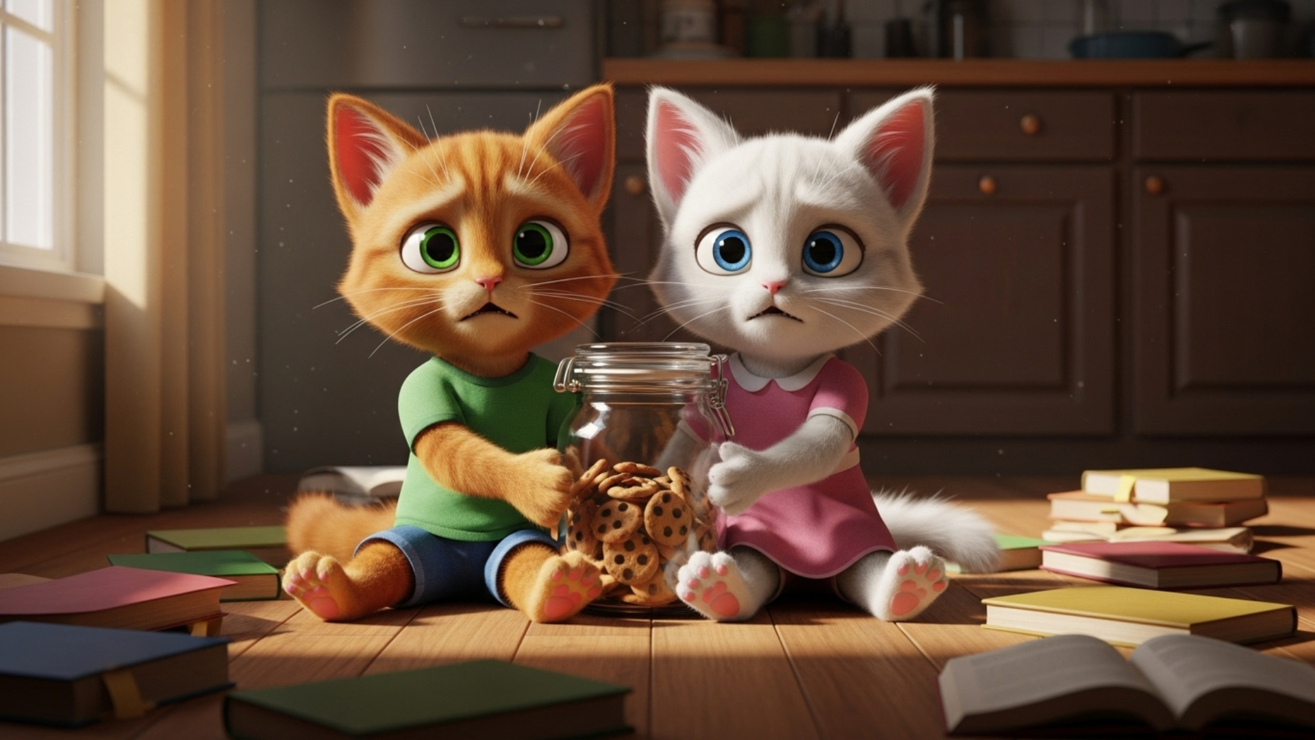 both kittens holding a cookie jar, realizing they have been caught both smile and grin nervously ...