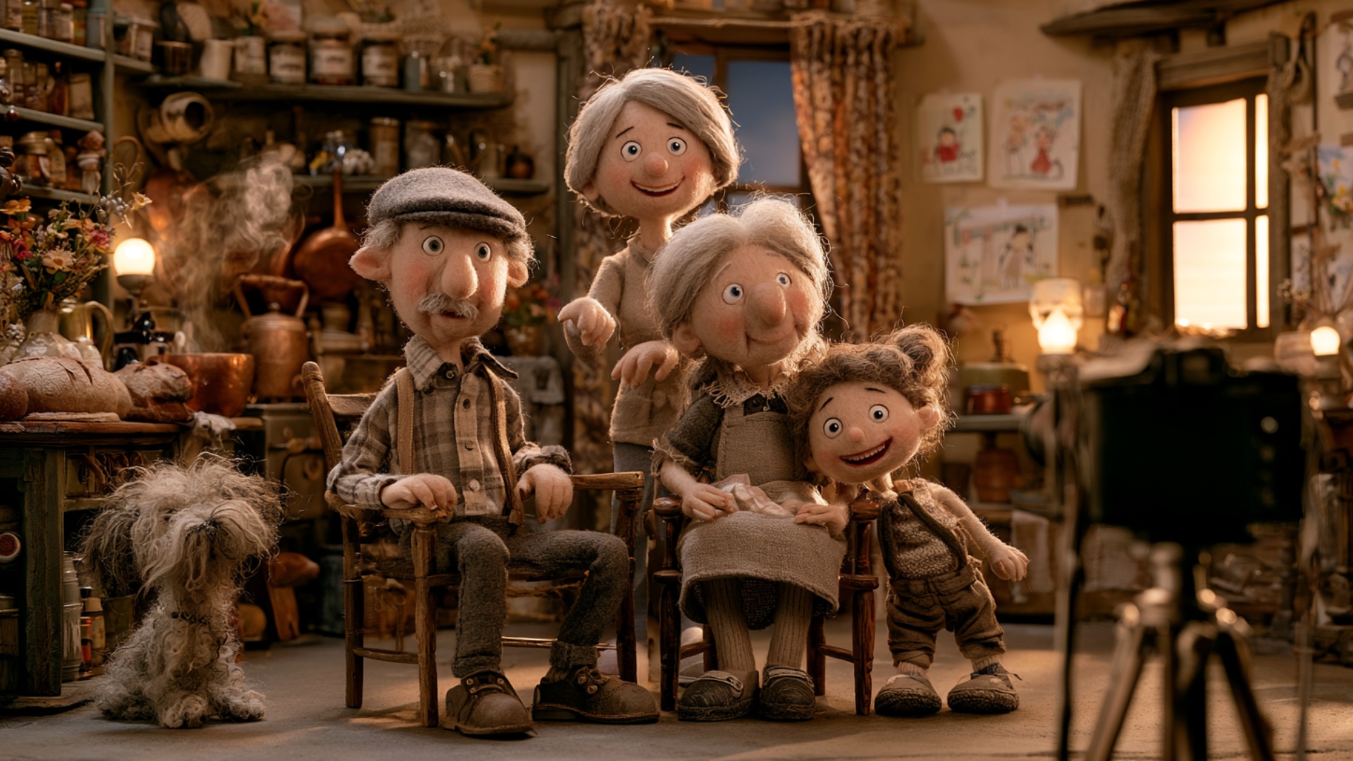 The little girl leaning beside the grandmother slowly straightens, looks directly at the camera a...