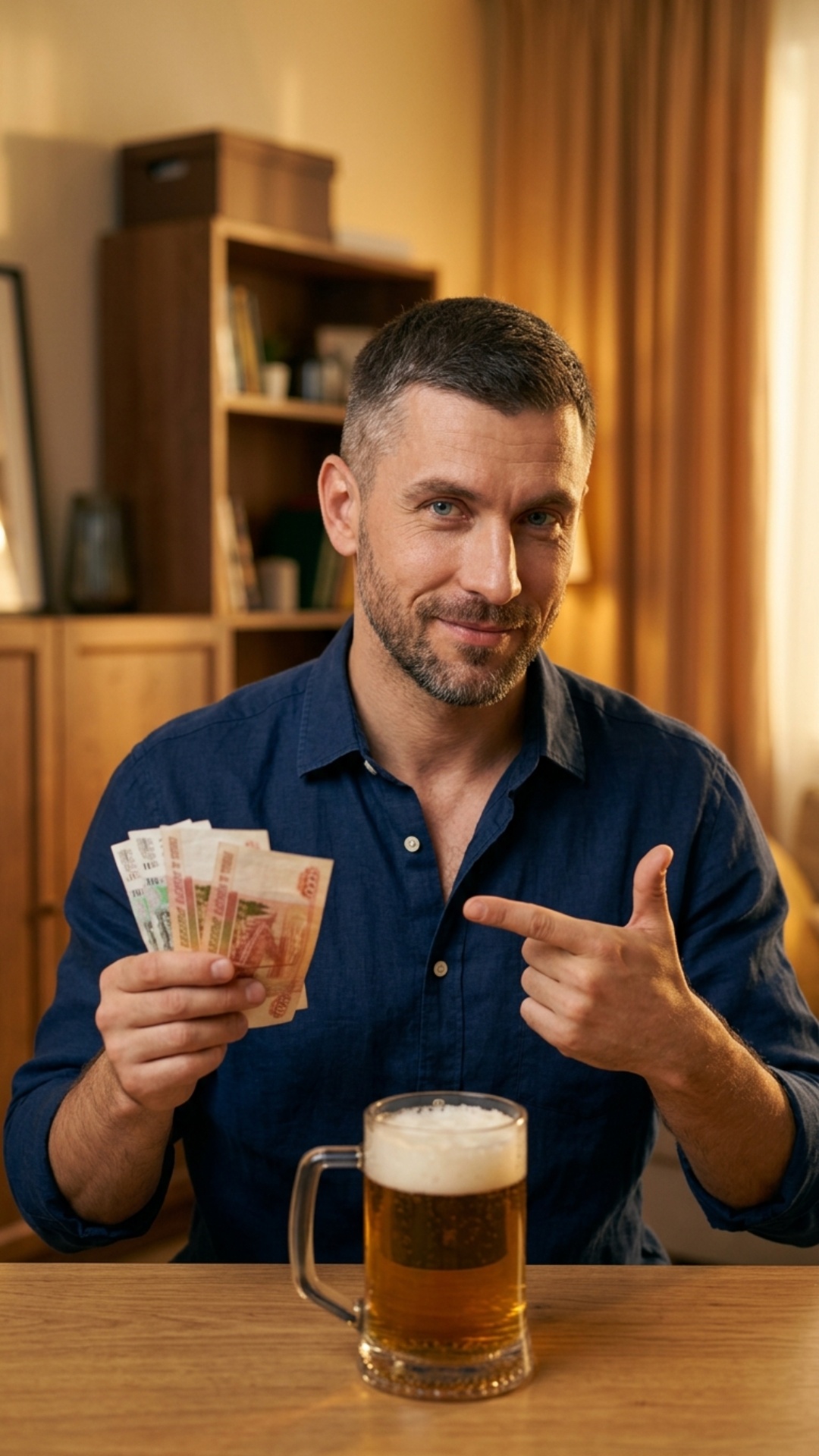 Близкий план, камера смотрит в лицо мужчине: Он спокойным уверенным тоном говорит говорит "Мое те...