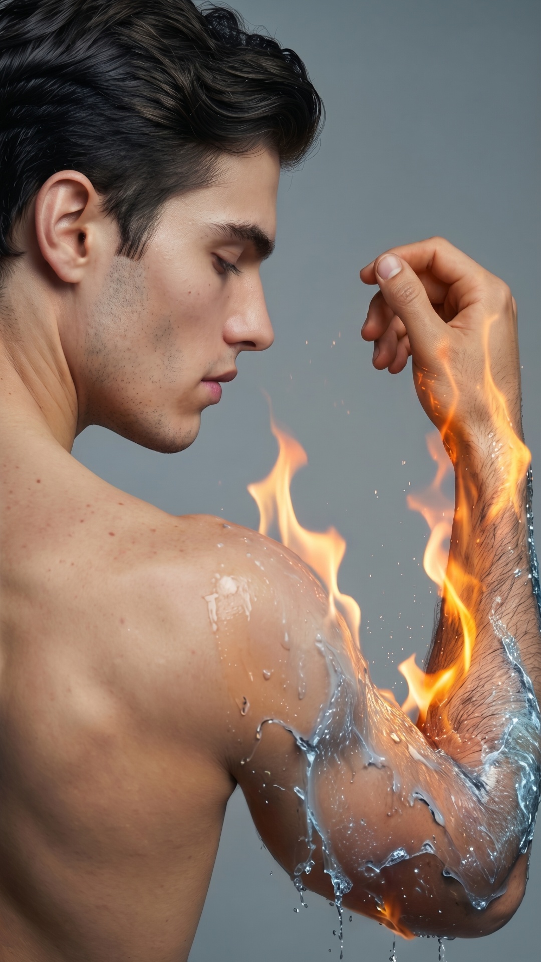 Side profile, focusing on his muscular shoulder and arm. Suddenly, water splashes violently again...
