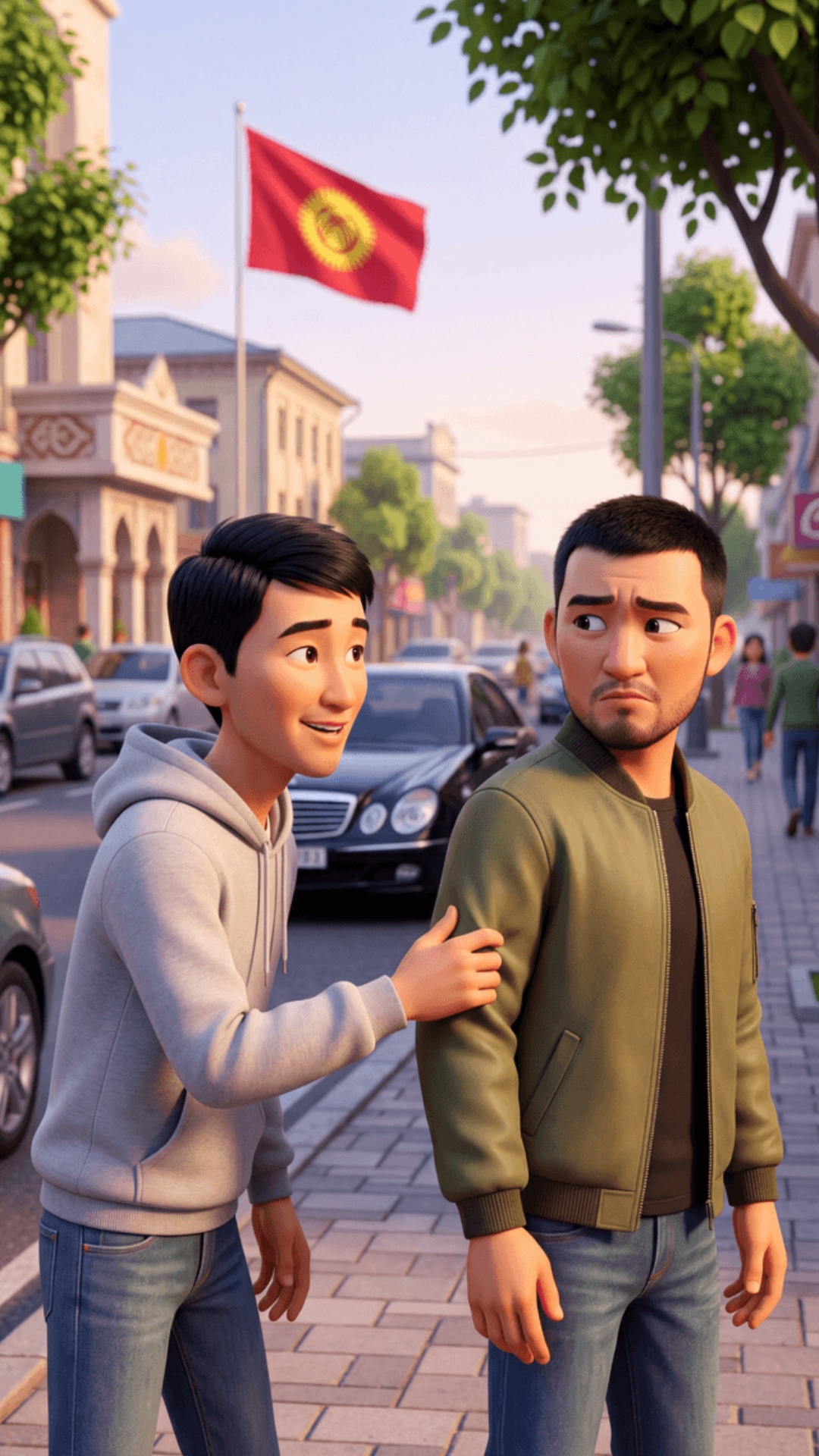Pixar 3D animation, vibrant colors, soft sunset light, 9:16 vertical. Bishkek street, Kyrgyz flag...