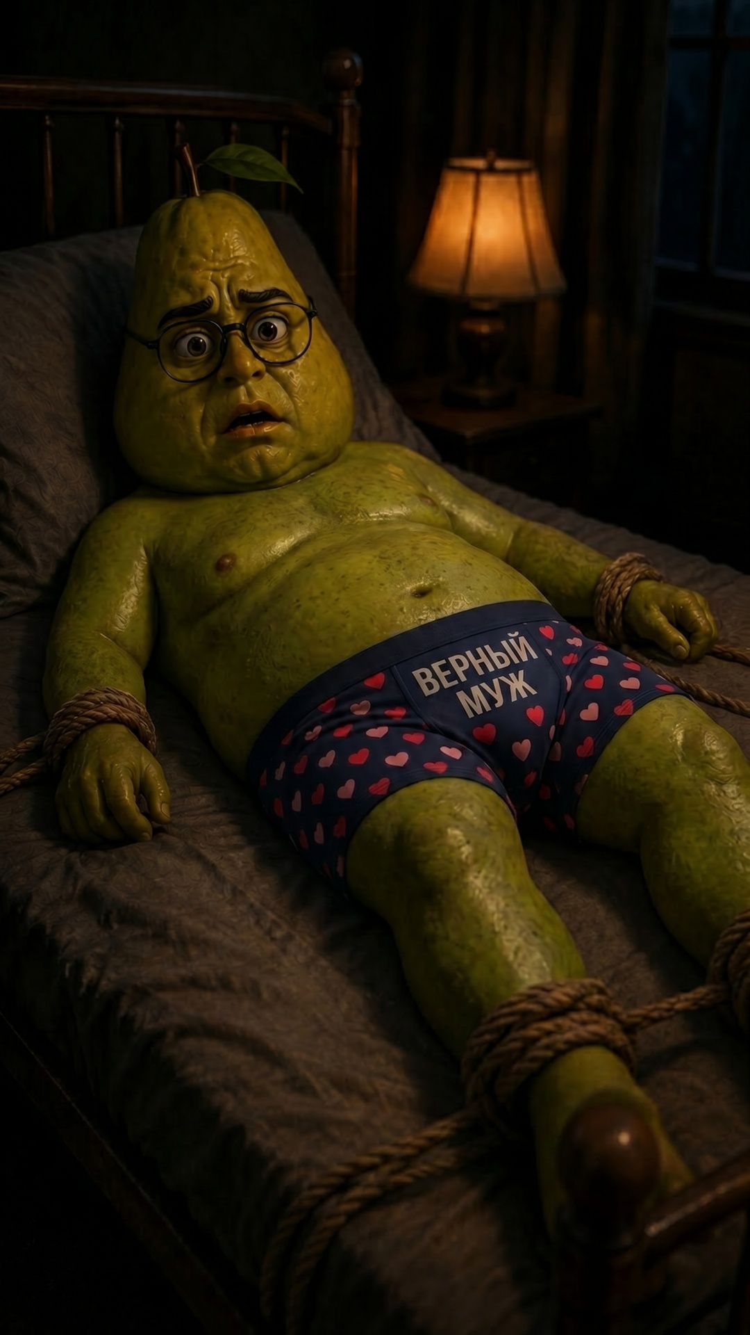 Animate this reference image in vertical 9:16, cinematic stylized 3D dark comedy thriller. Keep t...