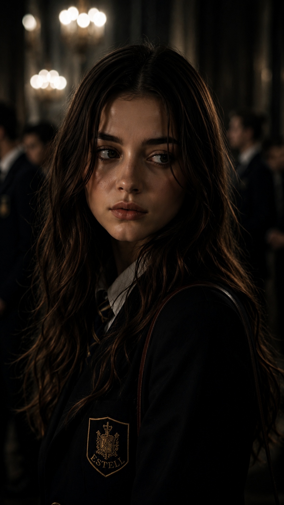 cinematic emotional close-up of a dark-haired teenage girl standing inside a luxurious gothic aca...