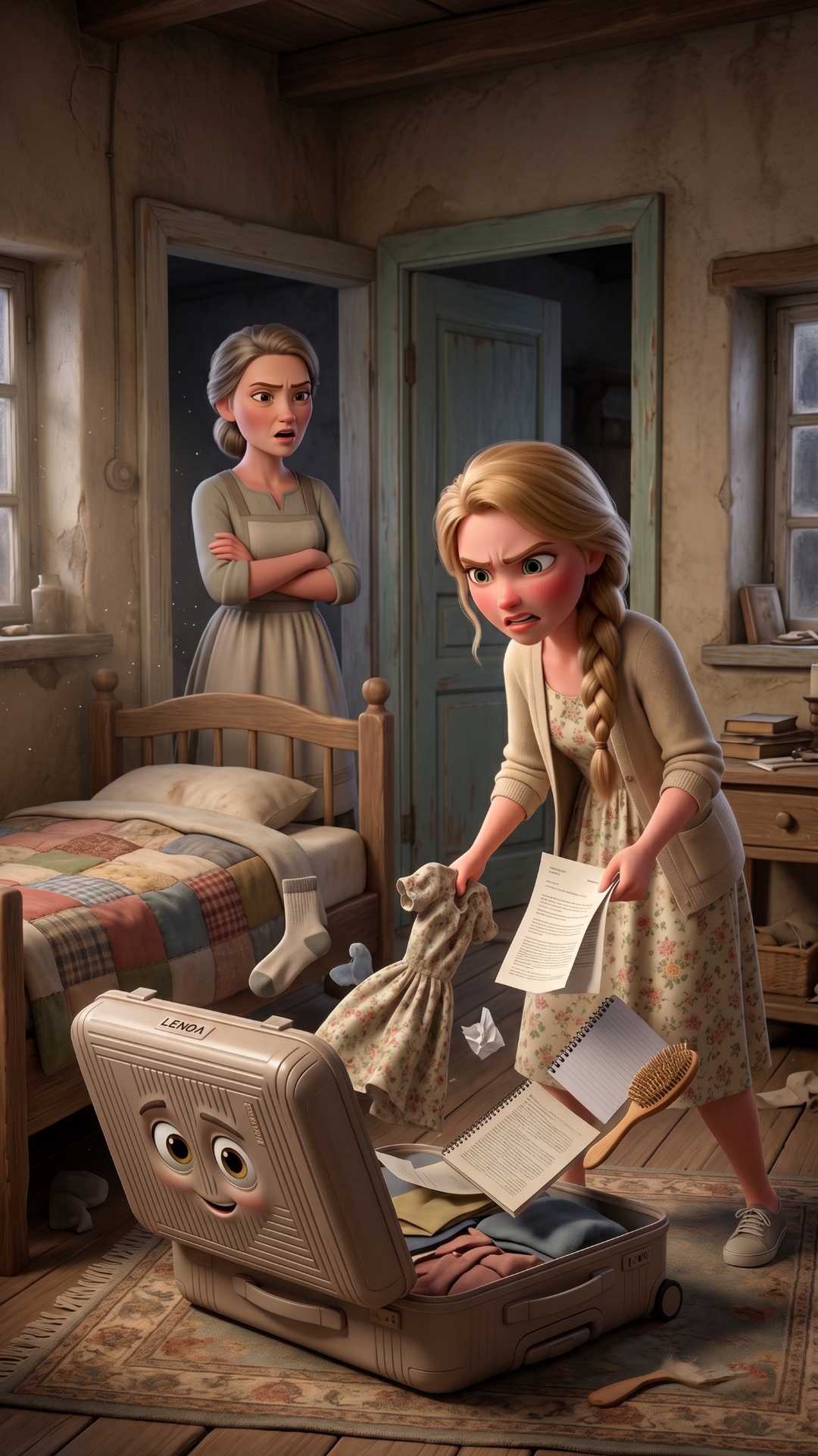 Village bedroom. Characters: - Evdokia - Mother - LENDA suitcase Evdokia quickly throws clothes i...