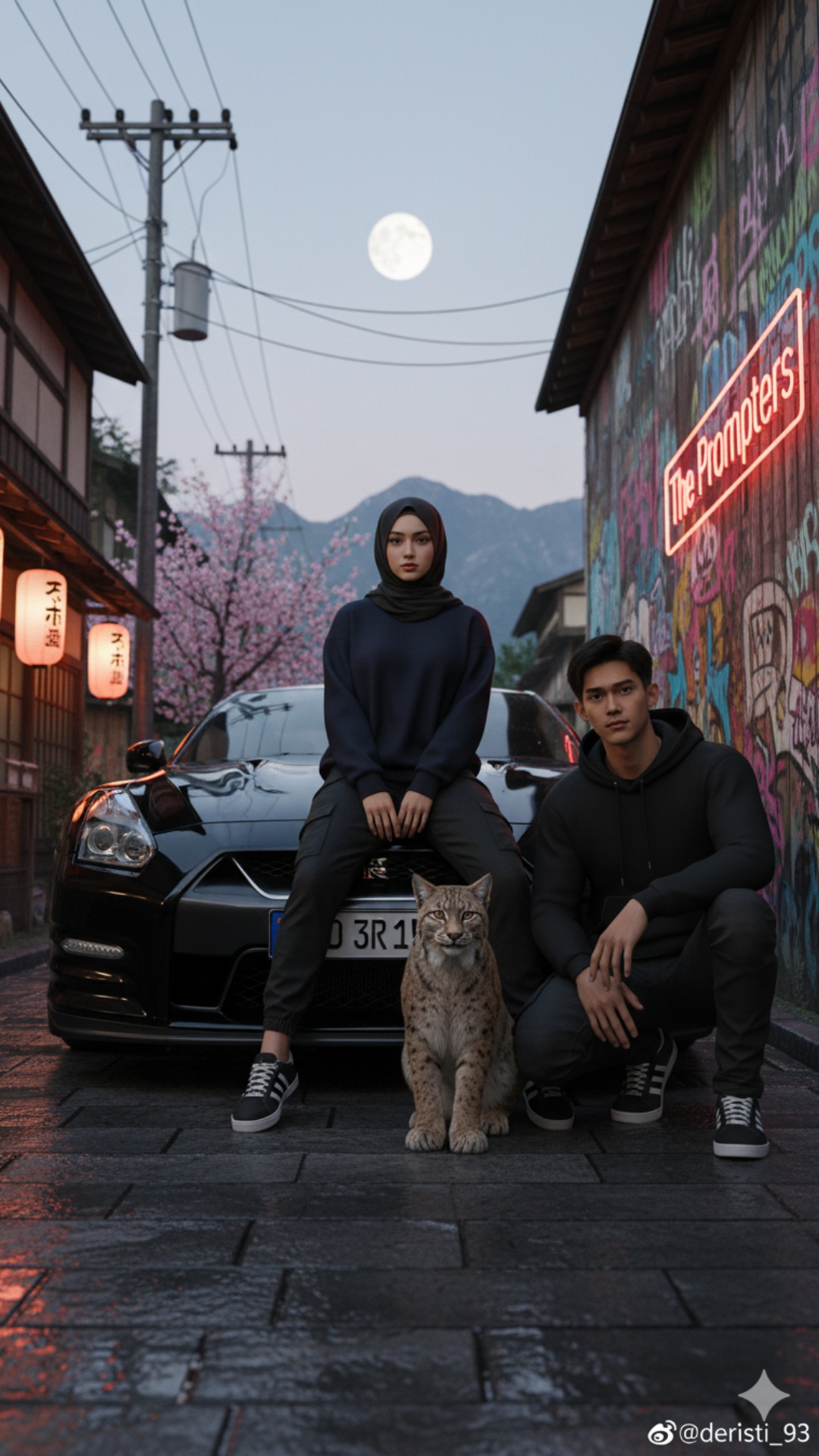 {
  "prompt": "Seorang pria muda berpakaian streetwear hitam, seorang perempuan berhijab dengan j...