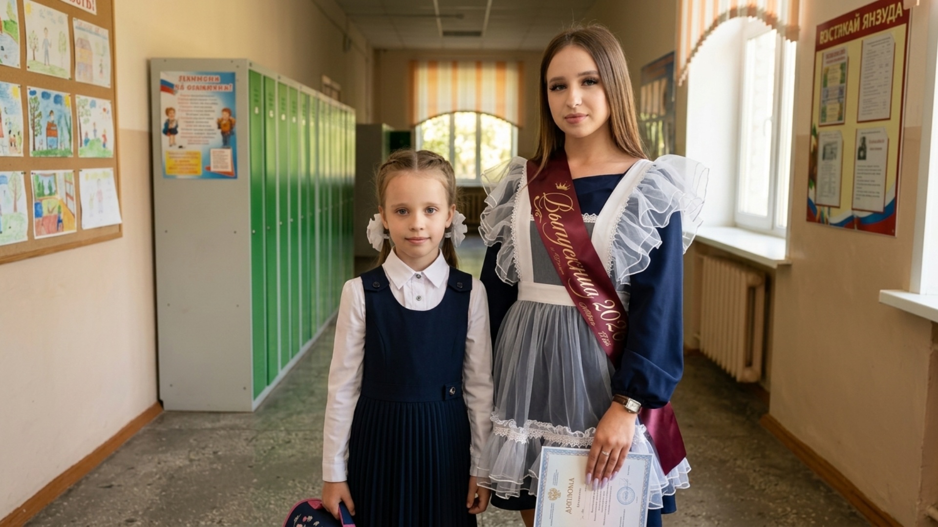 "Animate the scene from the uploaded image. Make the older girl gently lean toward the younger ch...