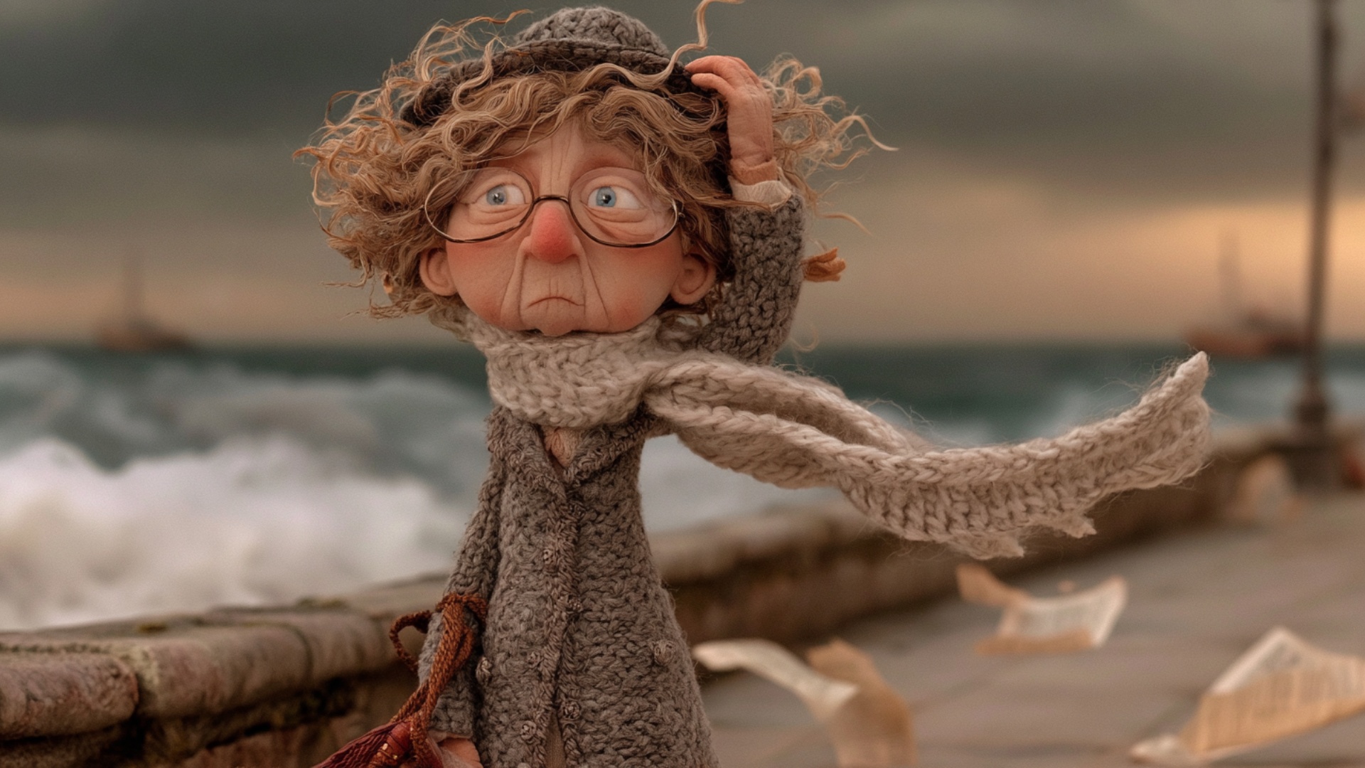 A strong coastal gust continues through the scene. The woman keeps one hand firmly on her hat whi...