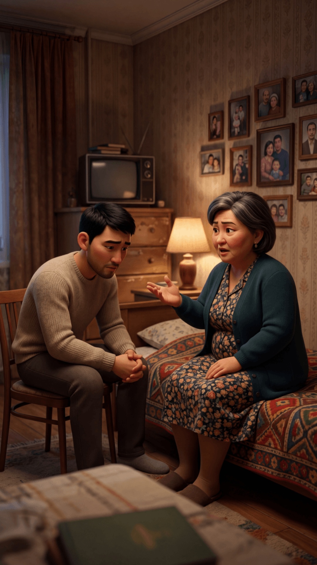 Pixar 3D animation style, cinematic 4K.
Same mother's bedroom, night. Dim warm lamp.

EXACTLY TWO...