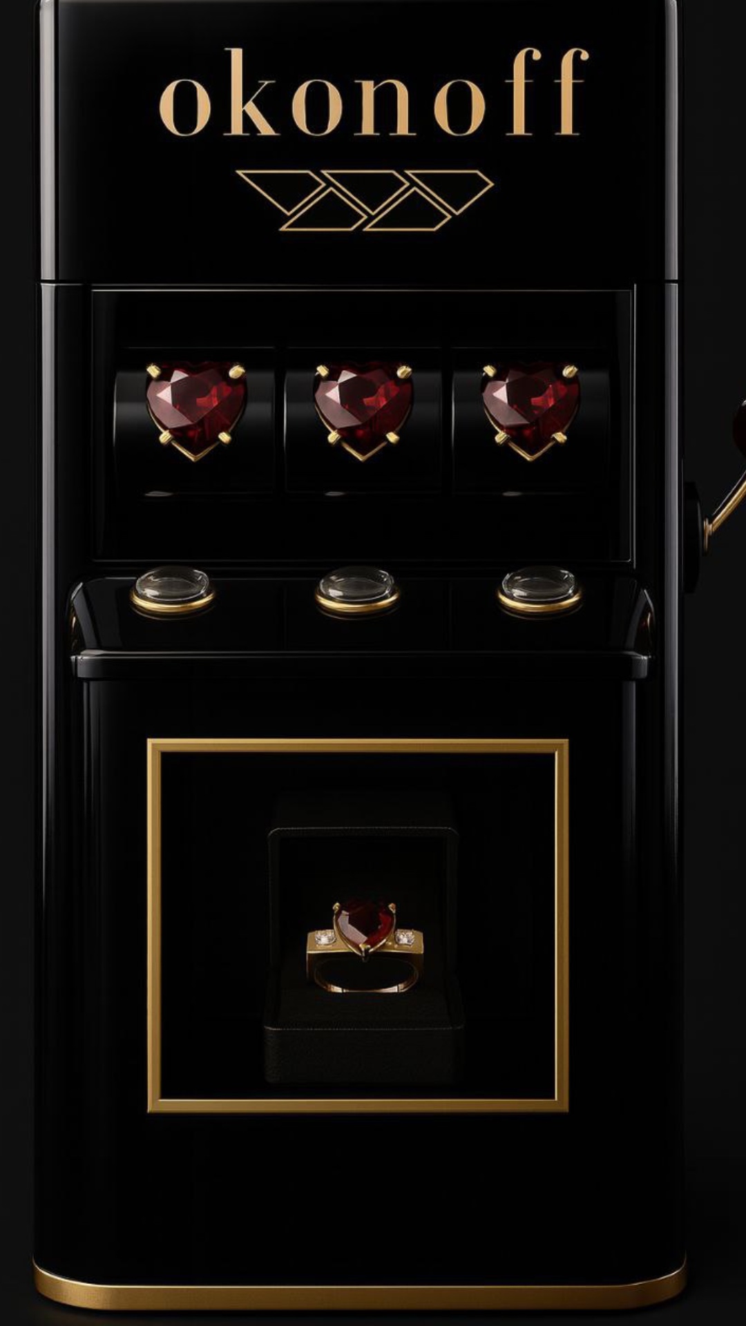 Scene 1: Establishing shot
A sleek black and gold slot machine branded "okonoff" stands centered ...