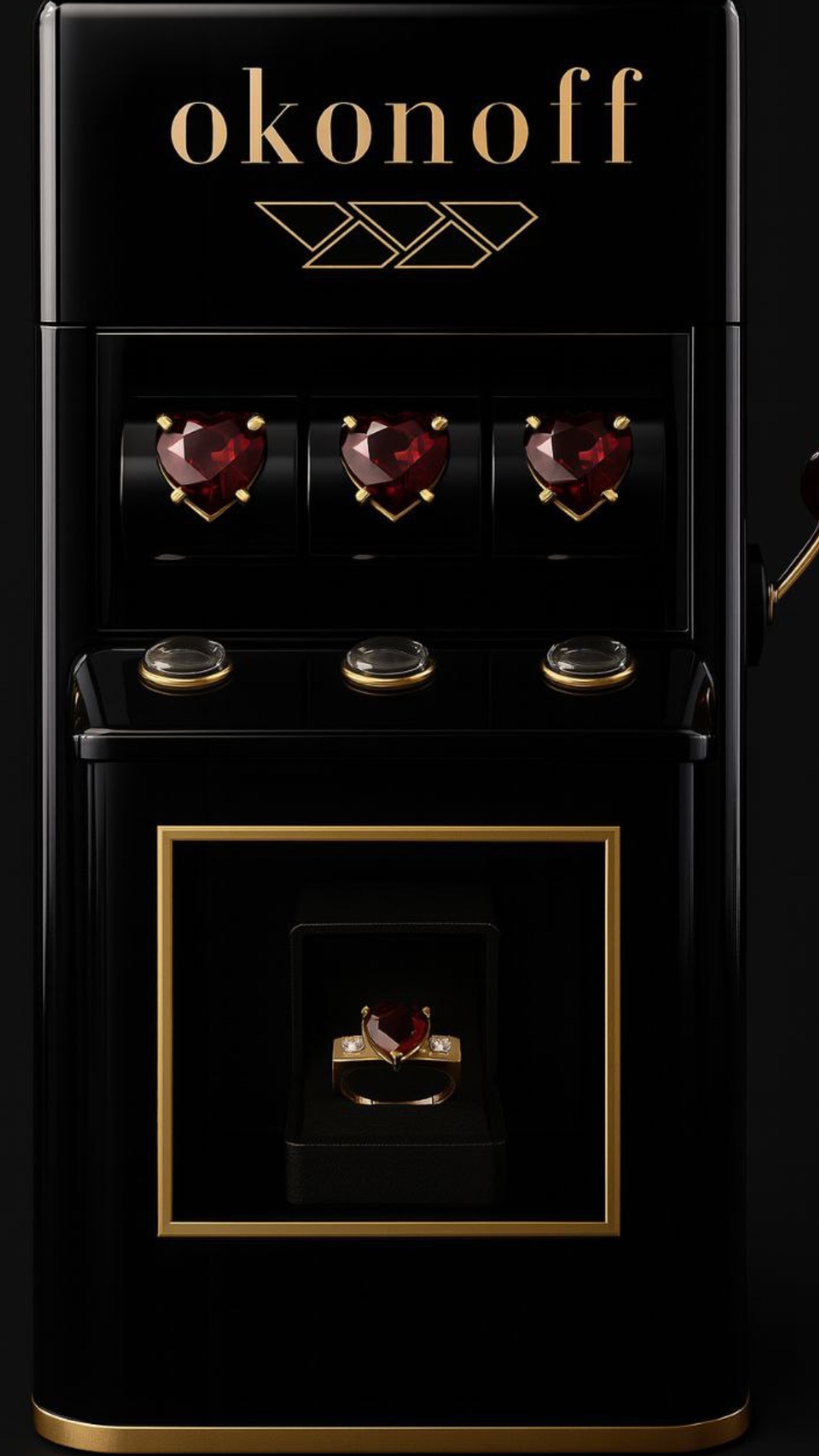 Scene 1: Establishing shot
A sleek black and gold slot machine branded "okonoff" stands centered ...