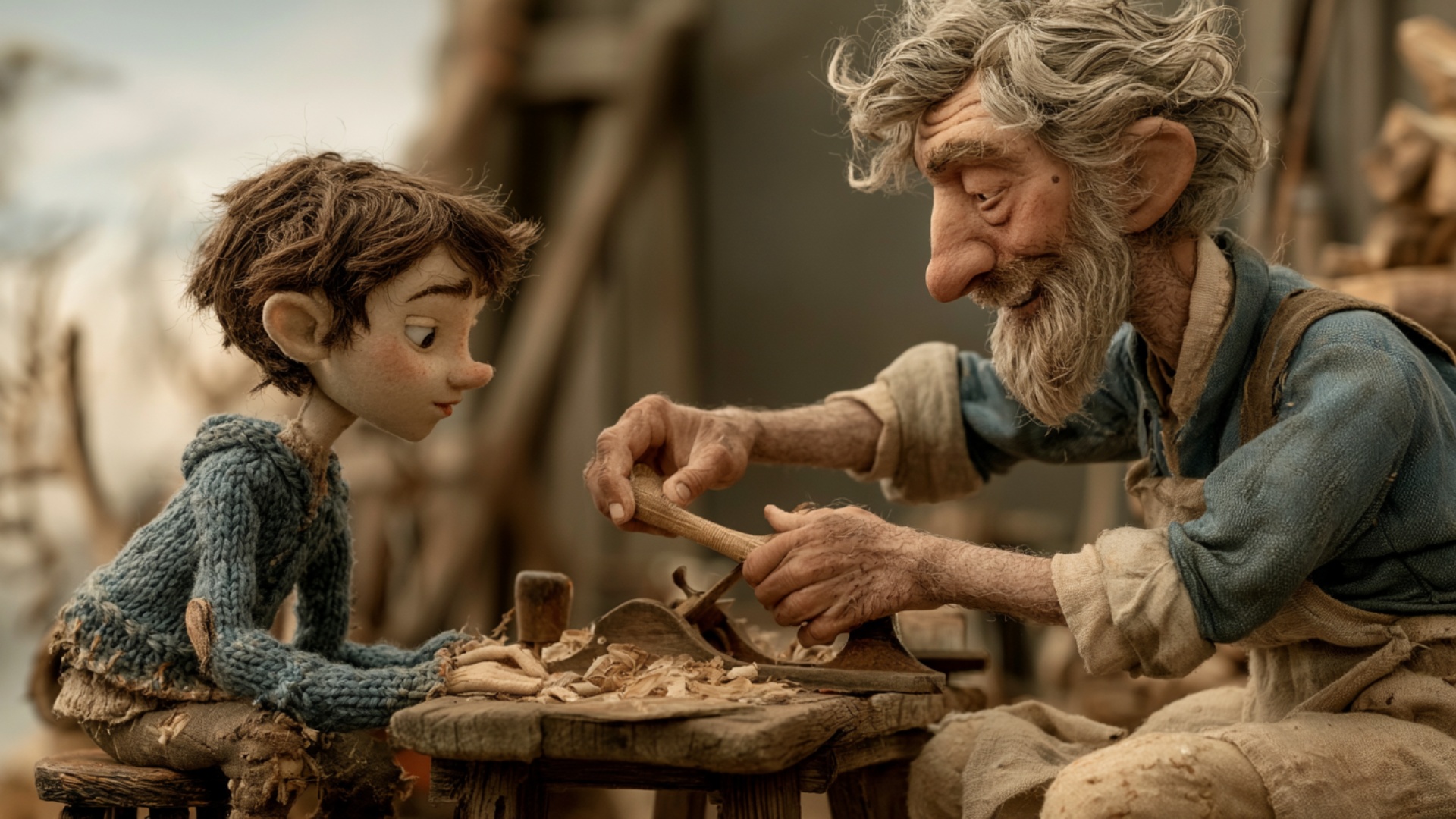 The elderly craftsman makes several clear, continuous planing strokes along the wooden handle dur...