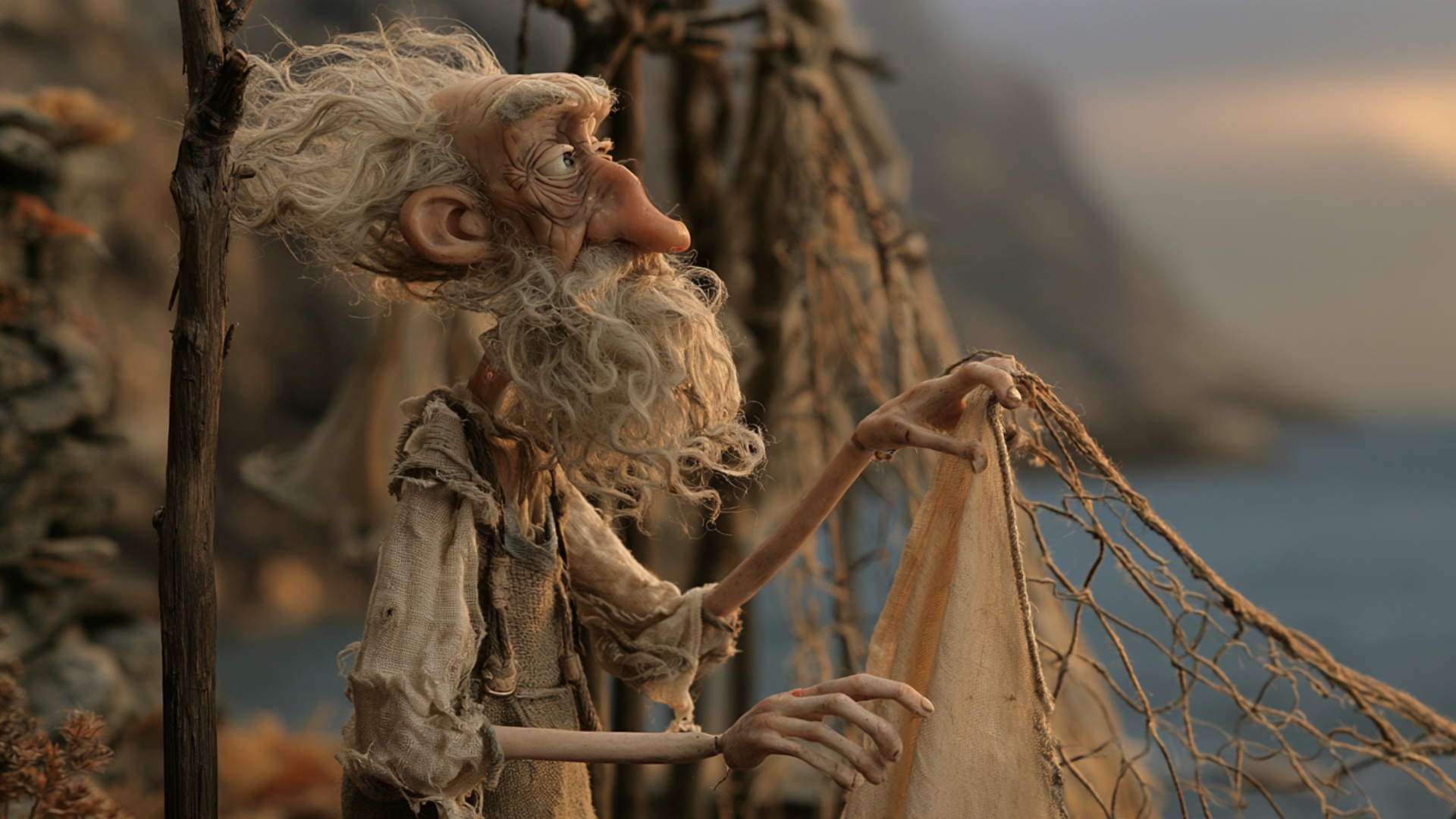 Gentle cinematic push-in. The fisherman performs one controlled working motion on the exact secti...