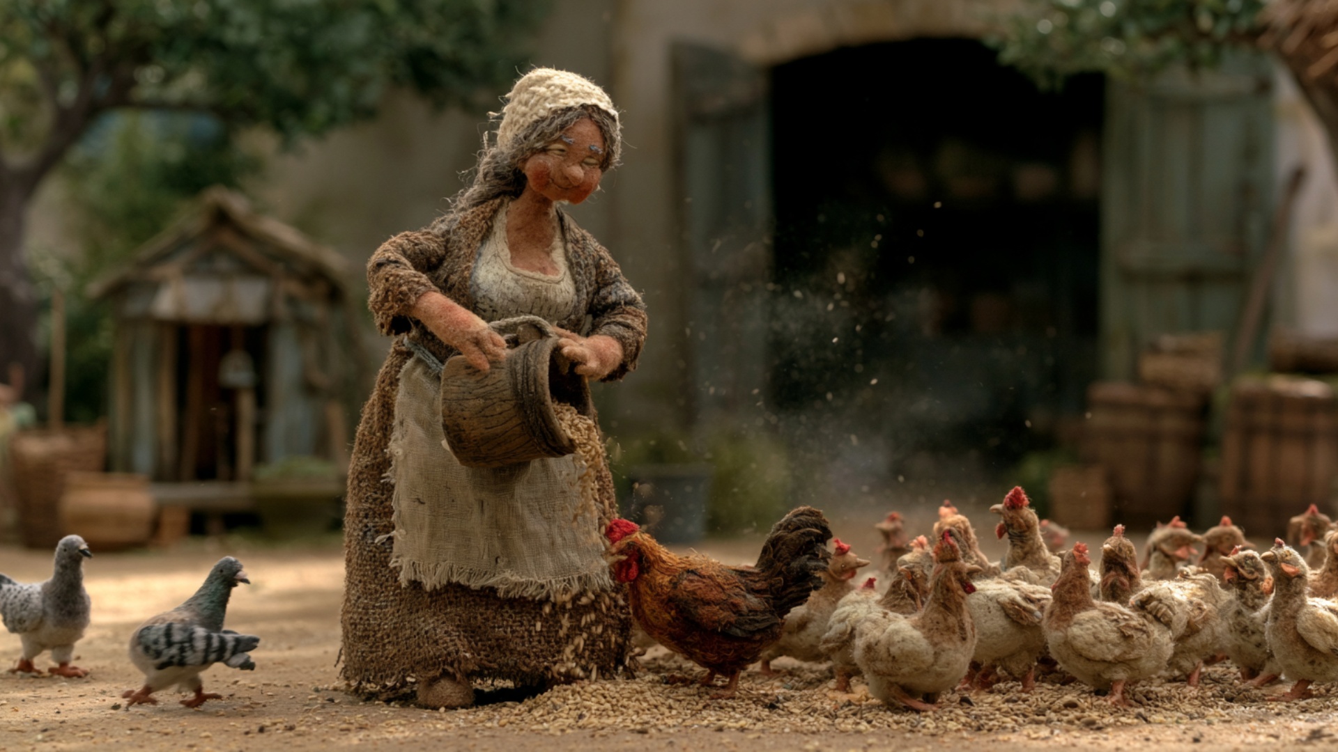 The woman walks several clear steps forward while scattering handfuls of grain in a wide arc from...