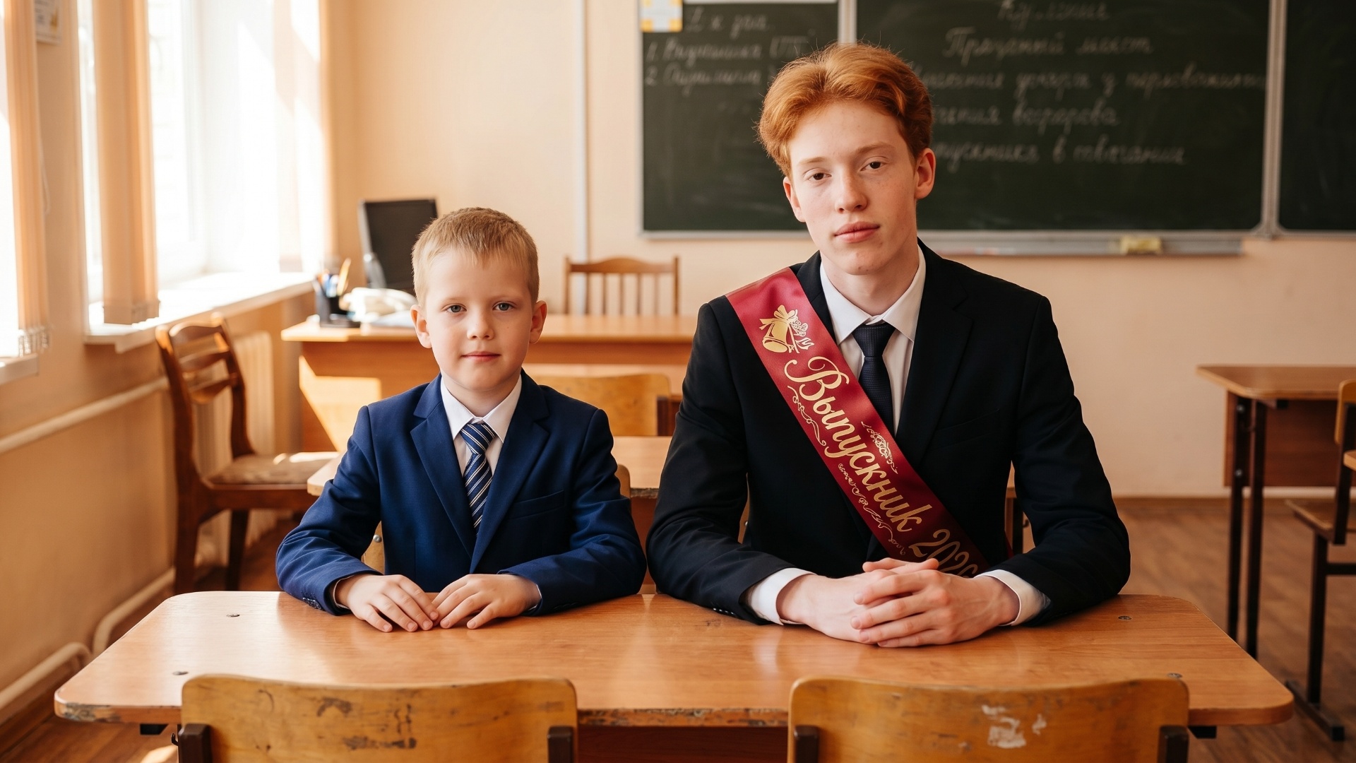 "Animate the scene from the uploaded image. Make the older student gently pull the younger boy cl...