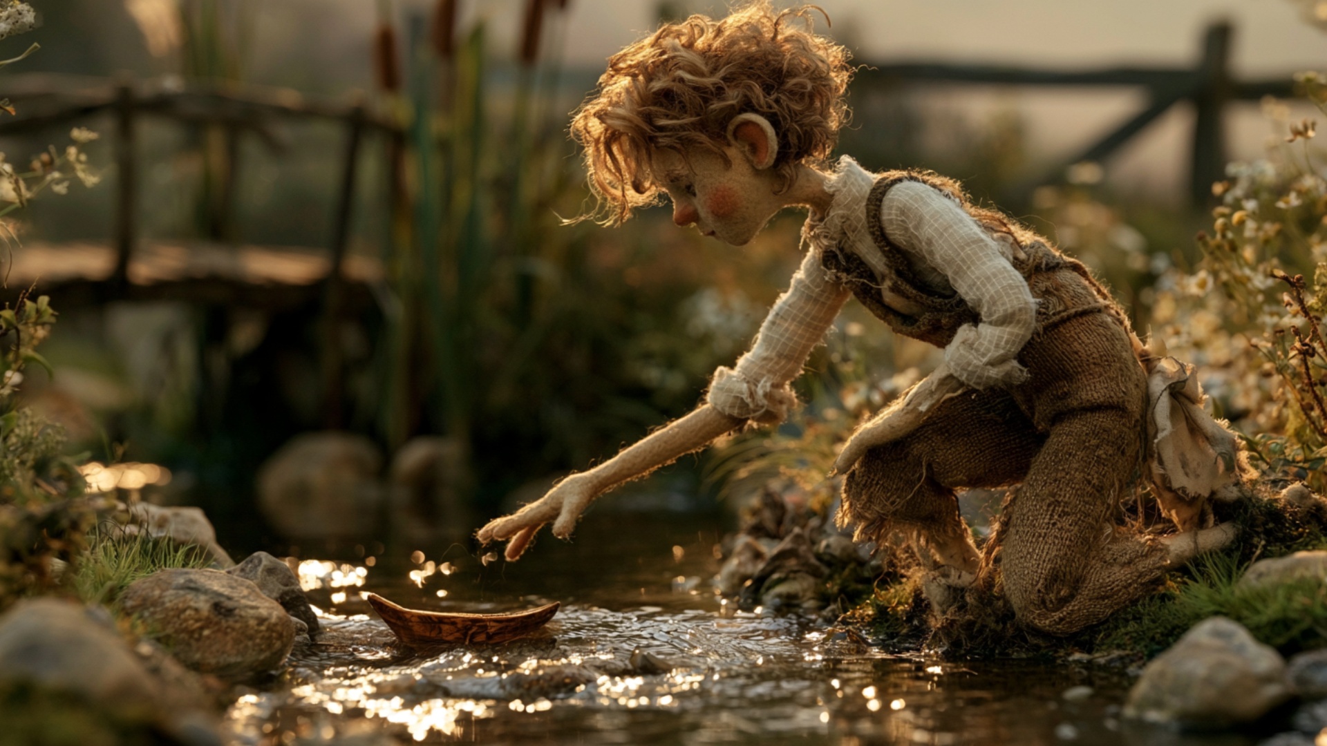 The boy releases the small wooden boat completely and the current immediately carries it downstre...