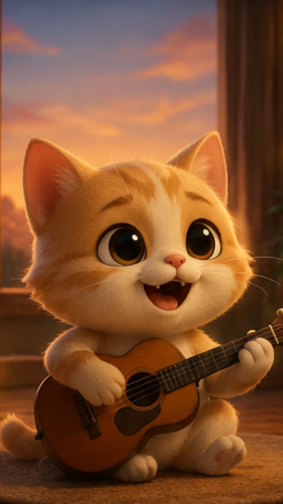 "Cute cartoon kitten on rug playing tiny guitar, joyful, cozy room with fairy lights and plants, ...