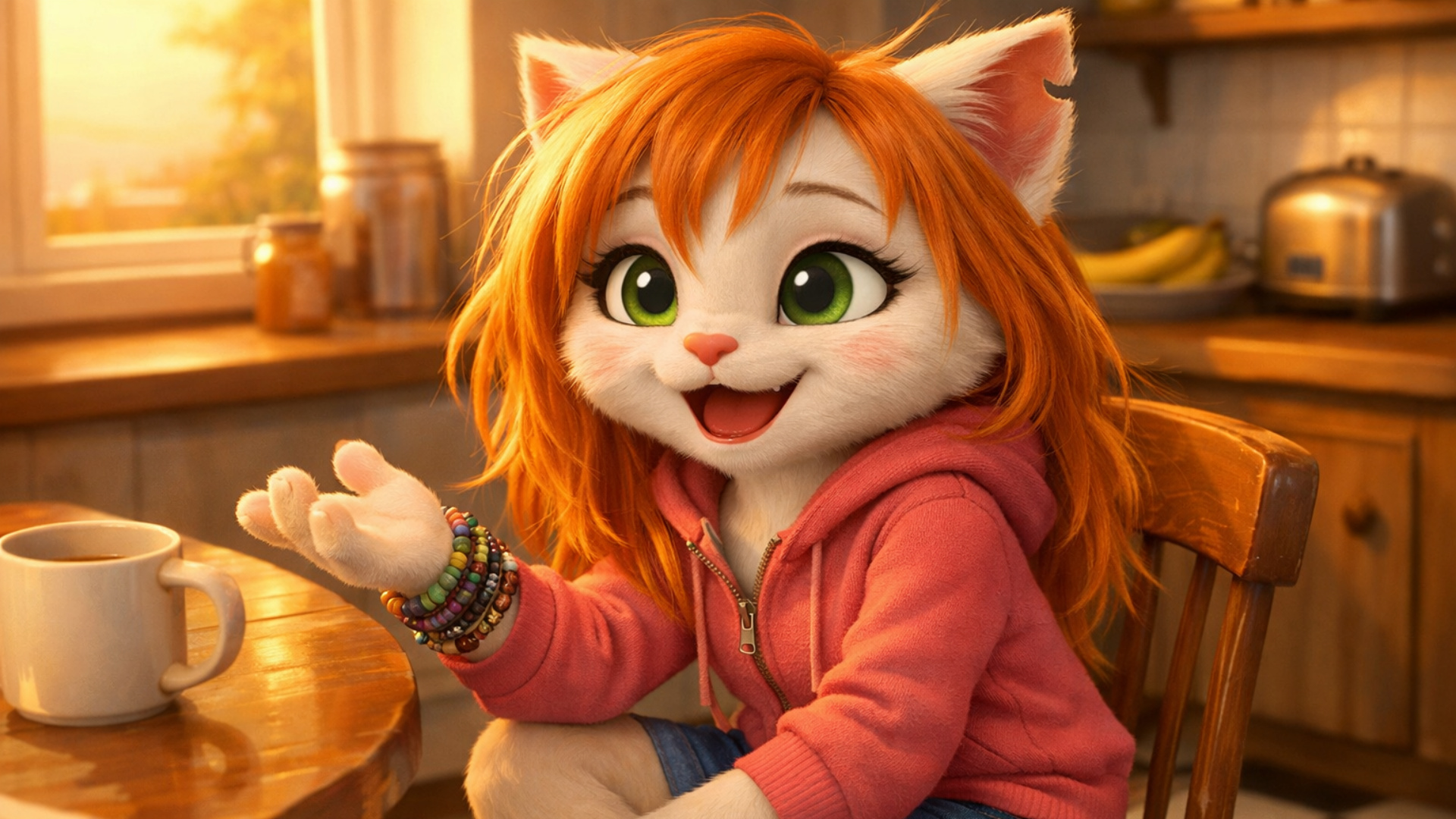 3d fluid expressive animation of anthro white female cat kid talking grateful