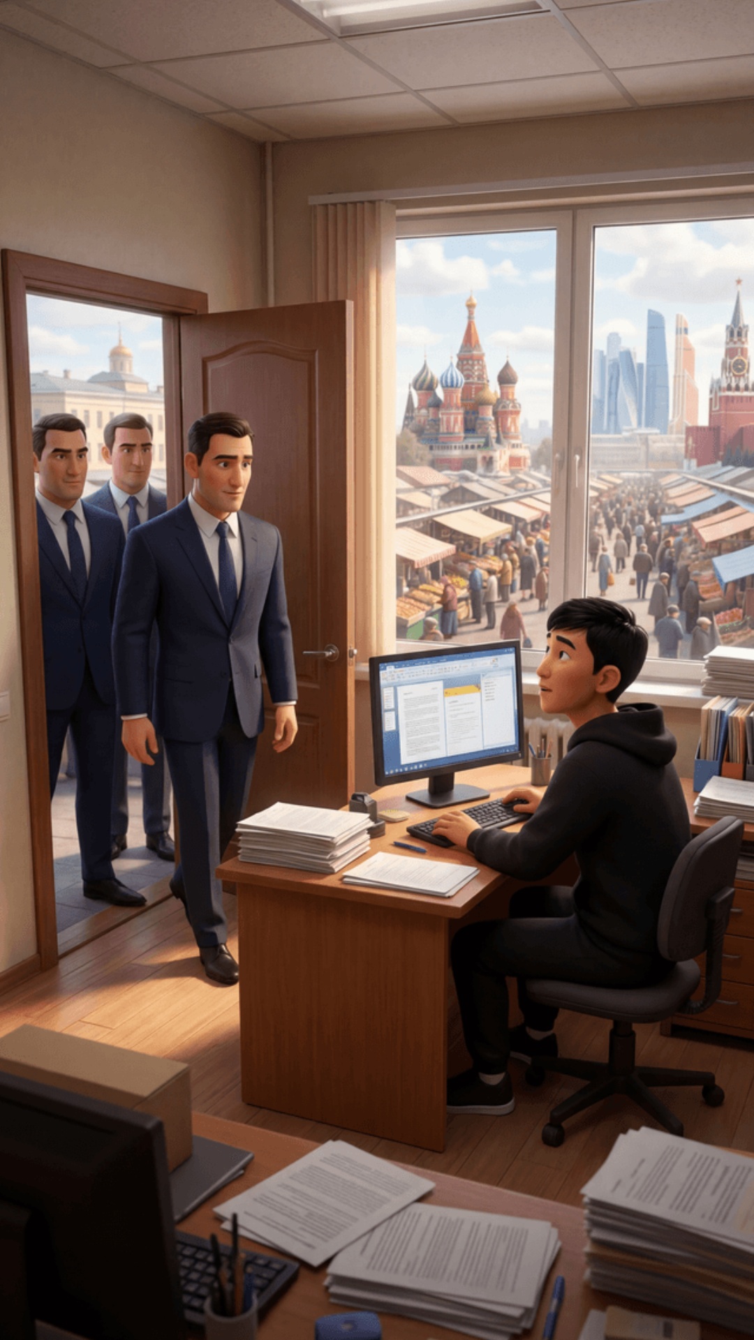 Cinematic Pixar style 3D animation, vertical 9:16.

Spring daytime, inside a small office at a Mo...