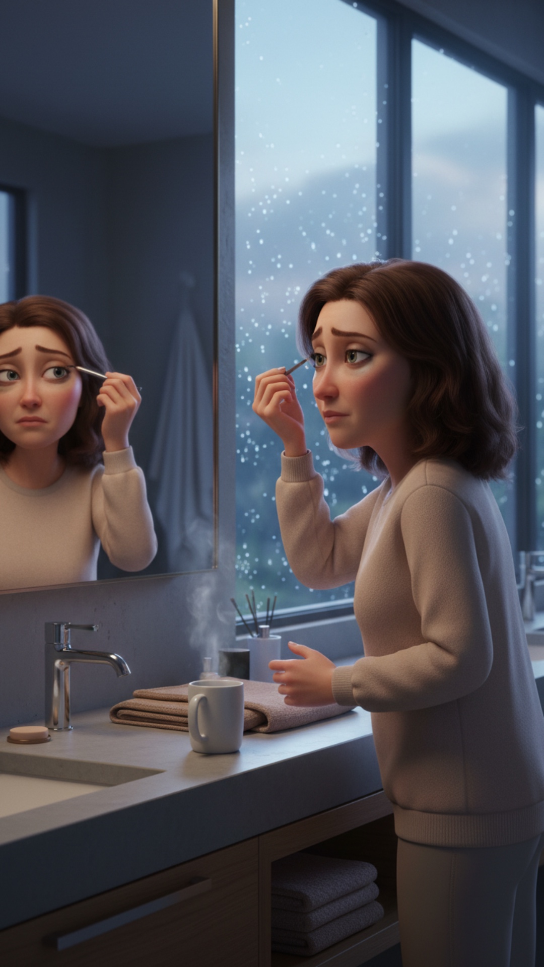 Реалистичная 3D-анимация в стиле Pixar, кинематографический реализм. Утренний интерьер современно...